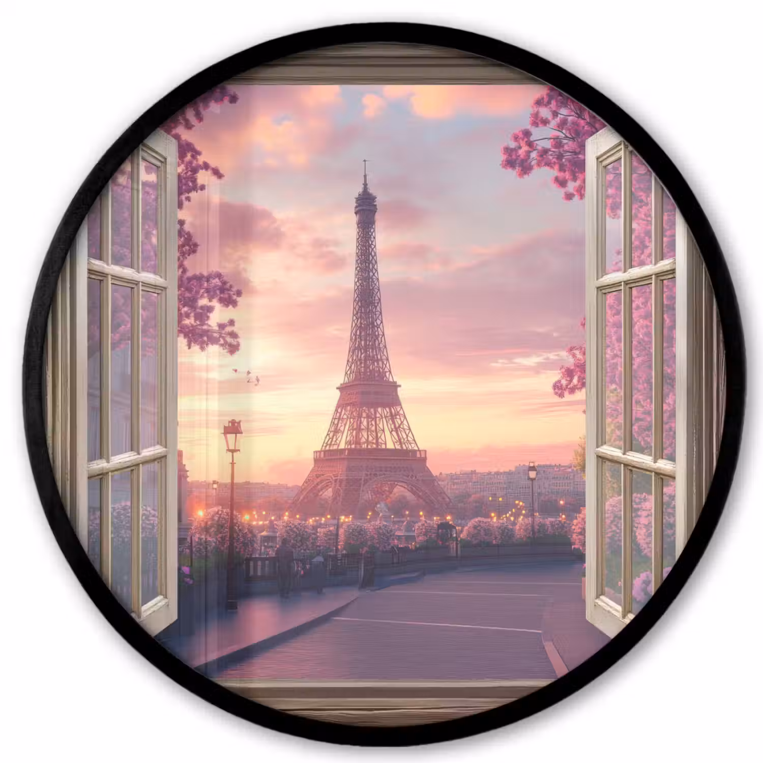 Doorkijk - Parijs - Eiffeltoren - Roze - Kersenbloesem Fotolijst rond zonder passe partout klein -3d
