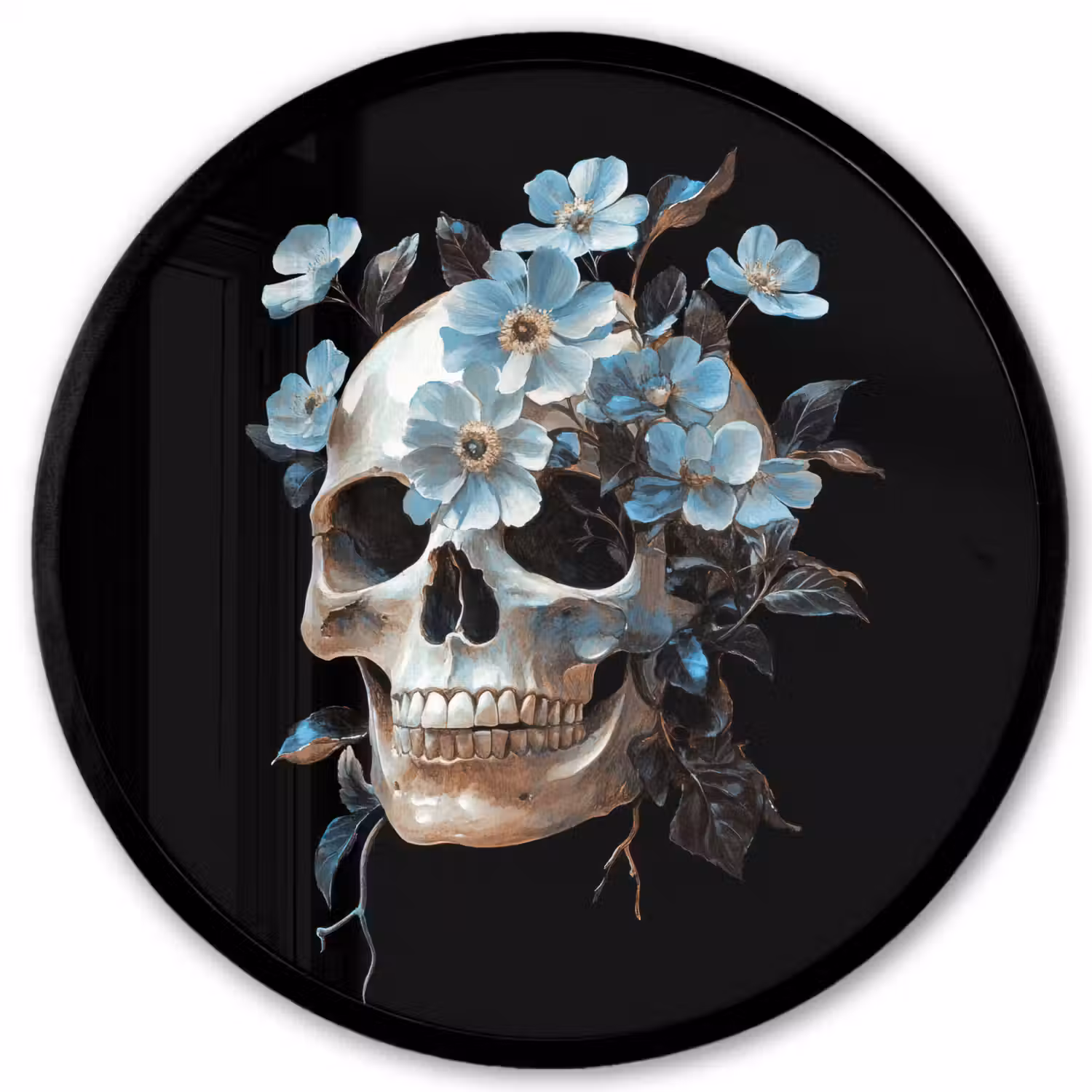 Schedel - Blauw - Bloemen - Bladeren Fotolijst rond zonder passe partout klein -3d