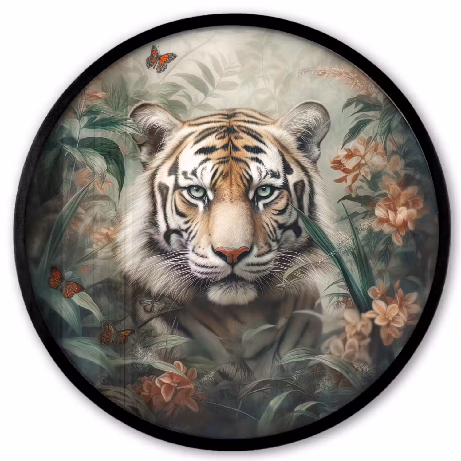 Tijger - Vlinders - Dieren - Jungle - Bloemen Fotolijst rond zonder passe partout klein -3d