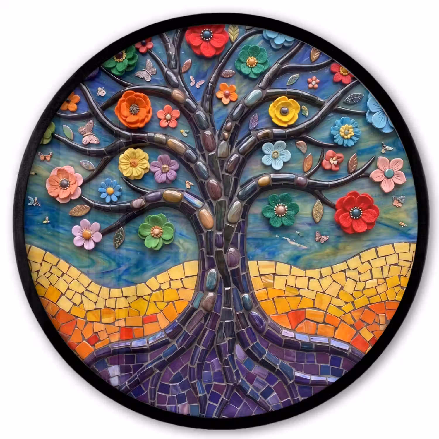 Levensboom - Mozaïek - Bloemen - Kleurrijk - Vrolijk Fotolijst rond zonder passe partout klein -3d