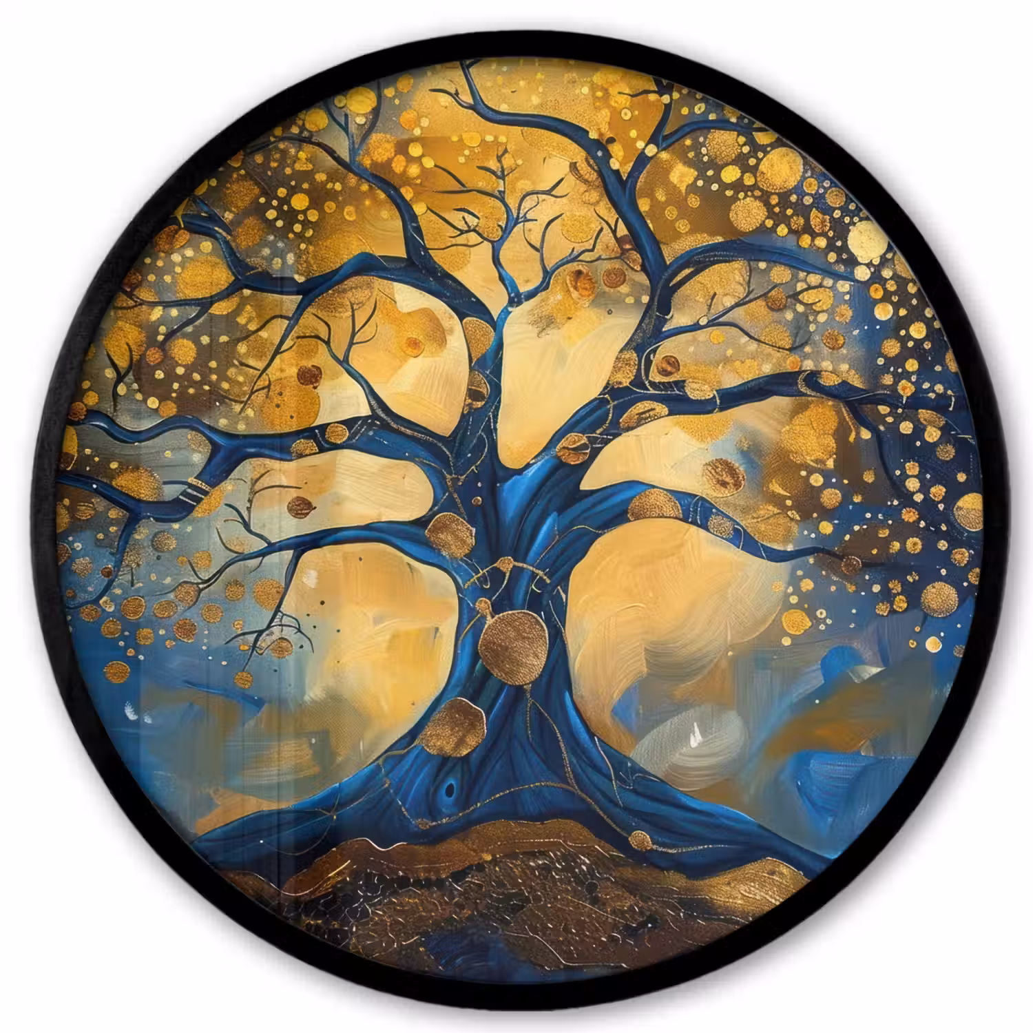 Boom - Levensboom - Blauw - Goud Fotolijst rond zonder passe partout klein -3d