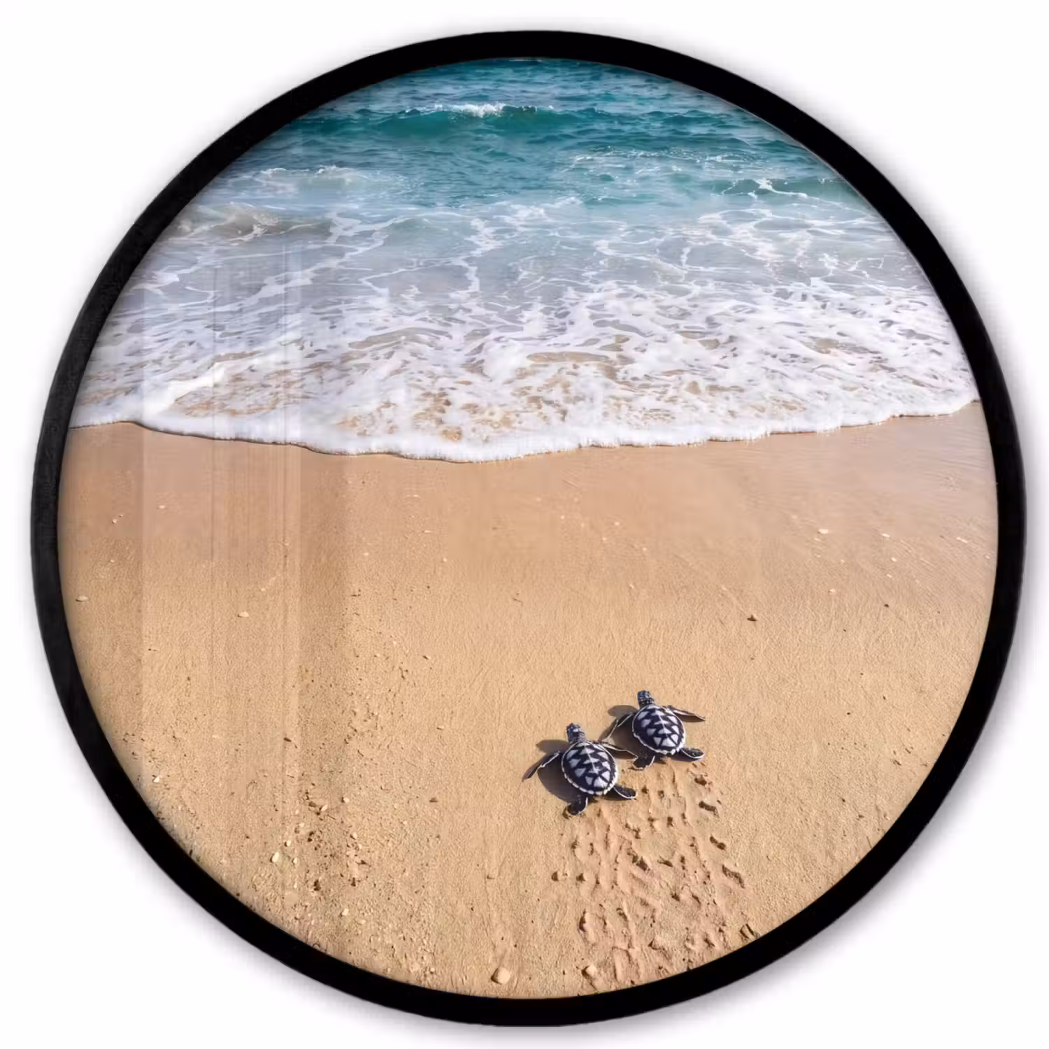 Schildpad - Jong - Strand - Oceaan - Blauw Fotolijst rond zonder passe partout klein -3d