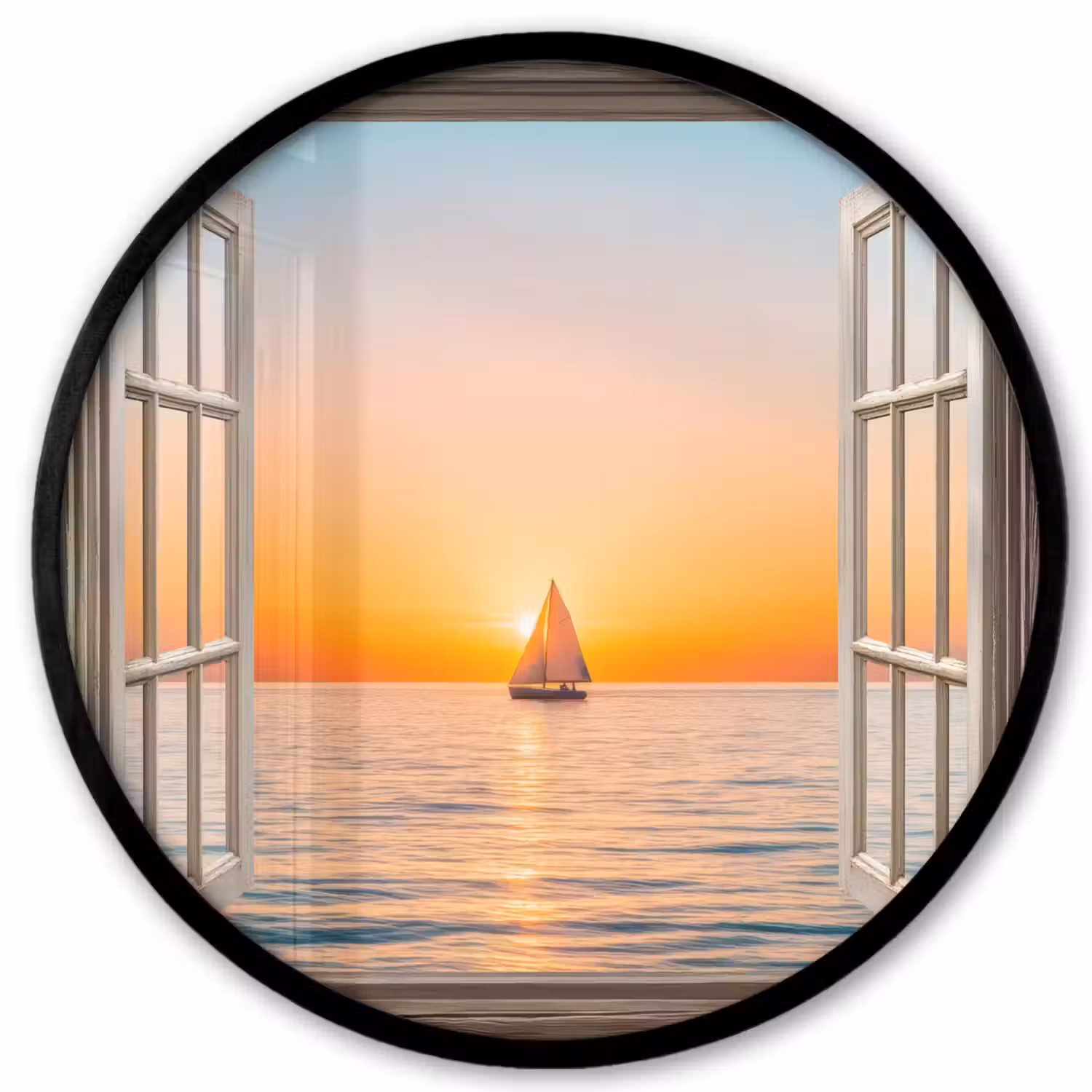 Doorkijk - Zee - Boot - Zonsondergang Fotolijst rond zonder passe partout klein -3d