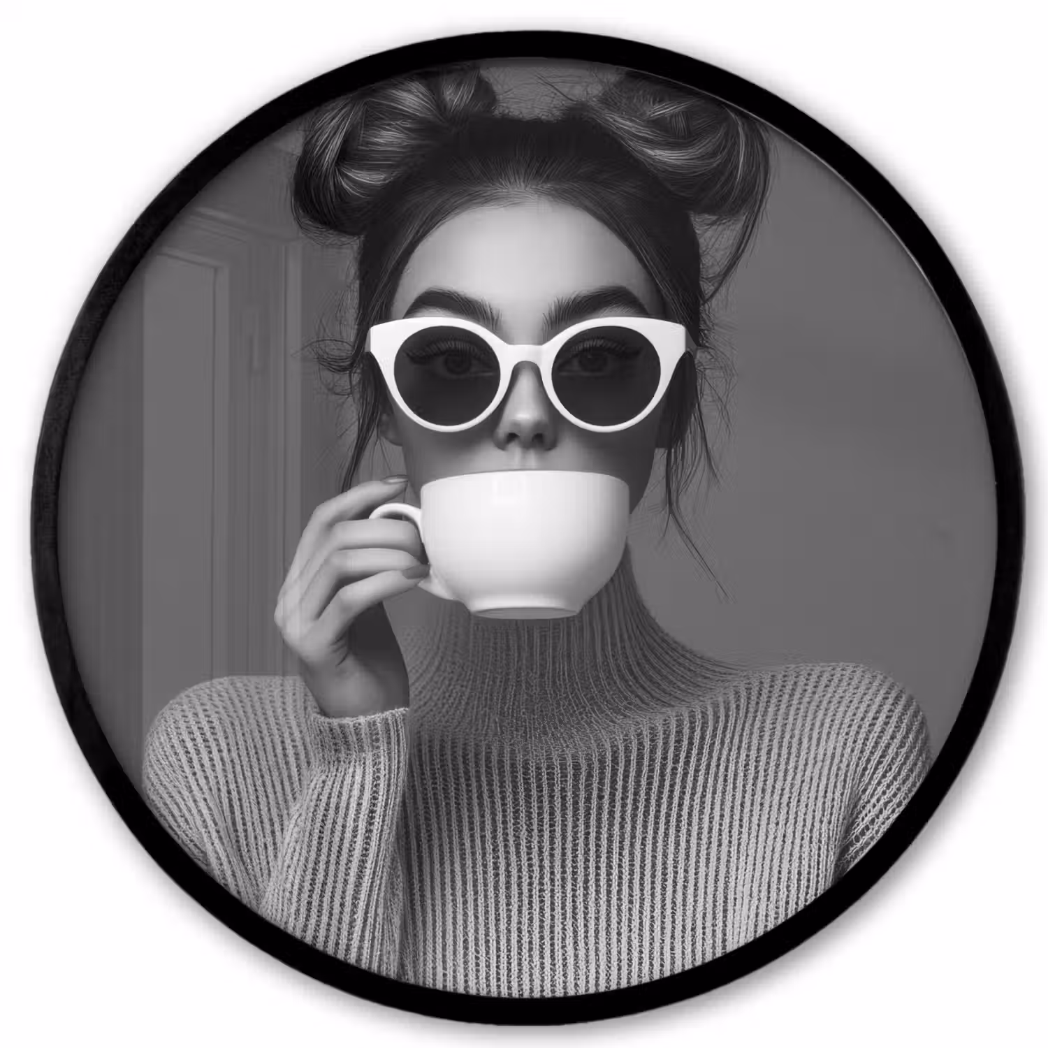 Vrouw - Koffie - Zwart - Wit Fotolijst rond zonder passe partout klein -3d