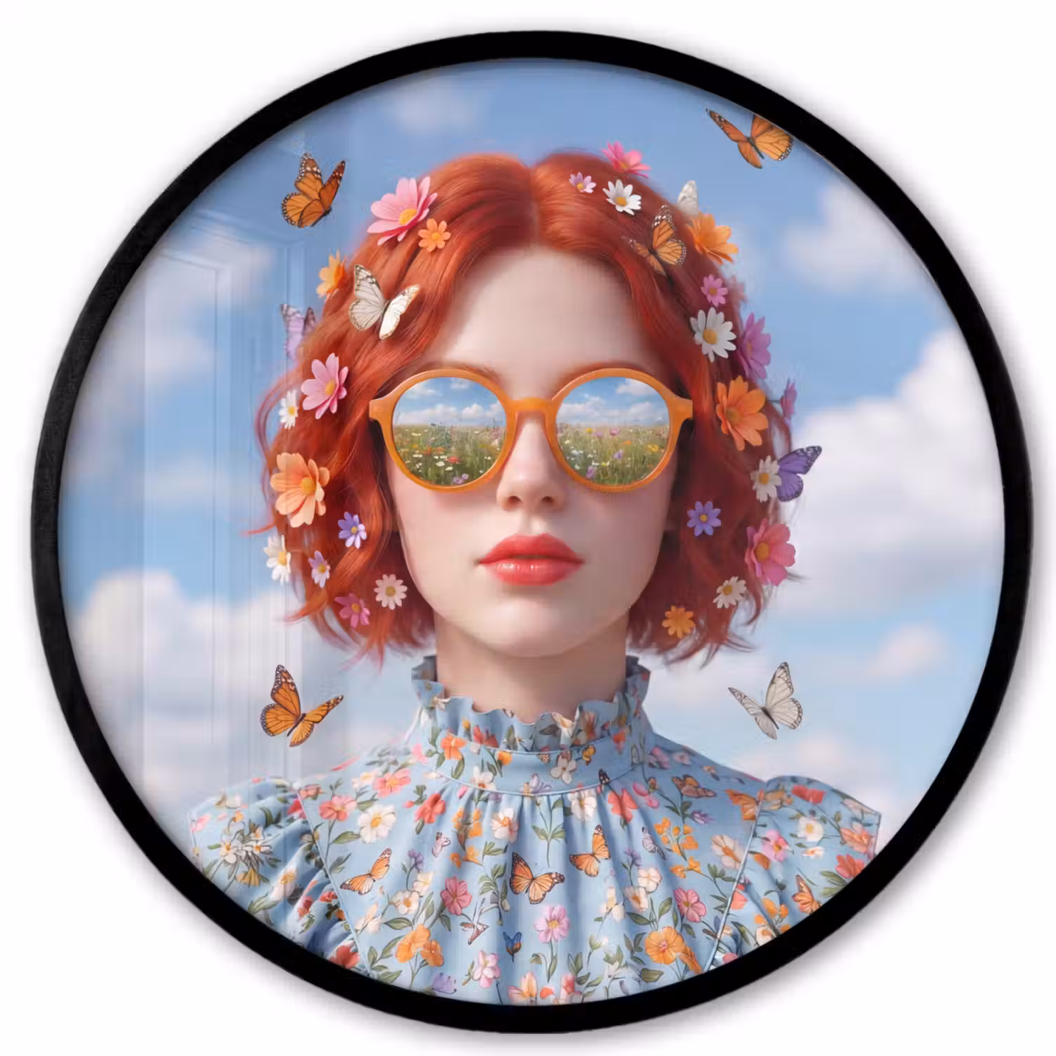Vrouw - Bloemen - Zomer - Portret - Kleurrijk Fotolijst rond zonder passe partout klein -3d