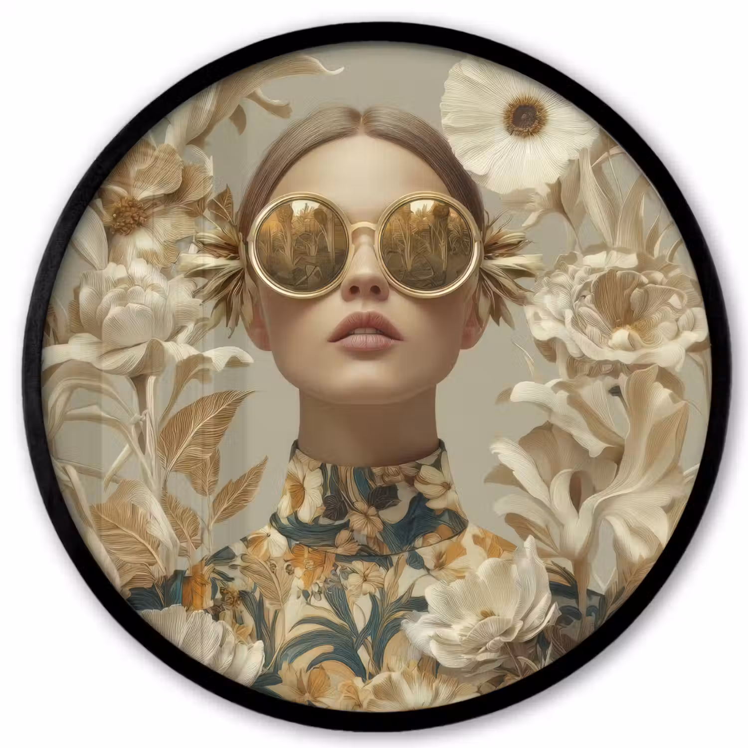 Vrouw - Bloemen - Zonnebril - Wit Fotolijst rond zonder passe partout klein -3d