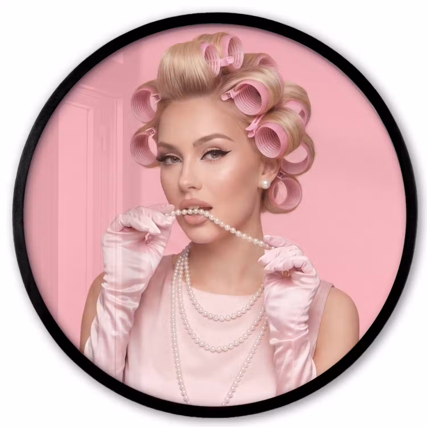 Vrouw - Roze - Parelketting - Krulspelden Fotolijst rond zonder passe partout klein -3d