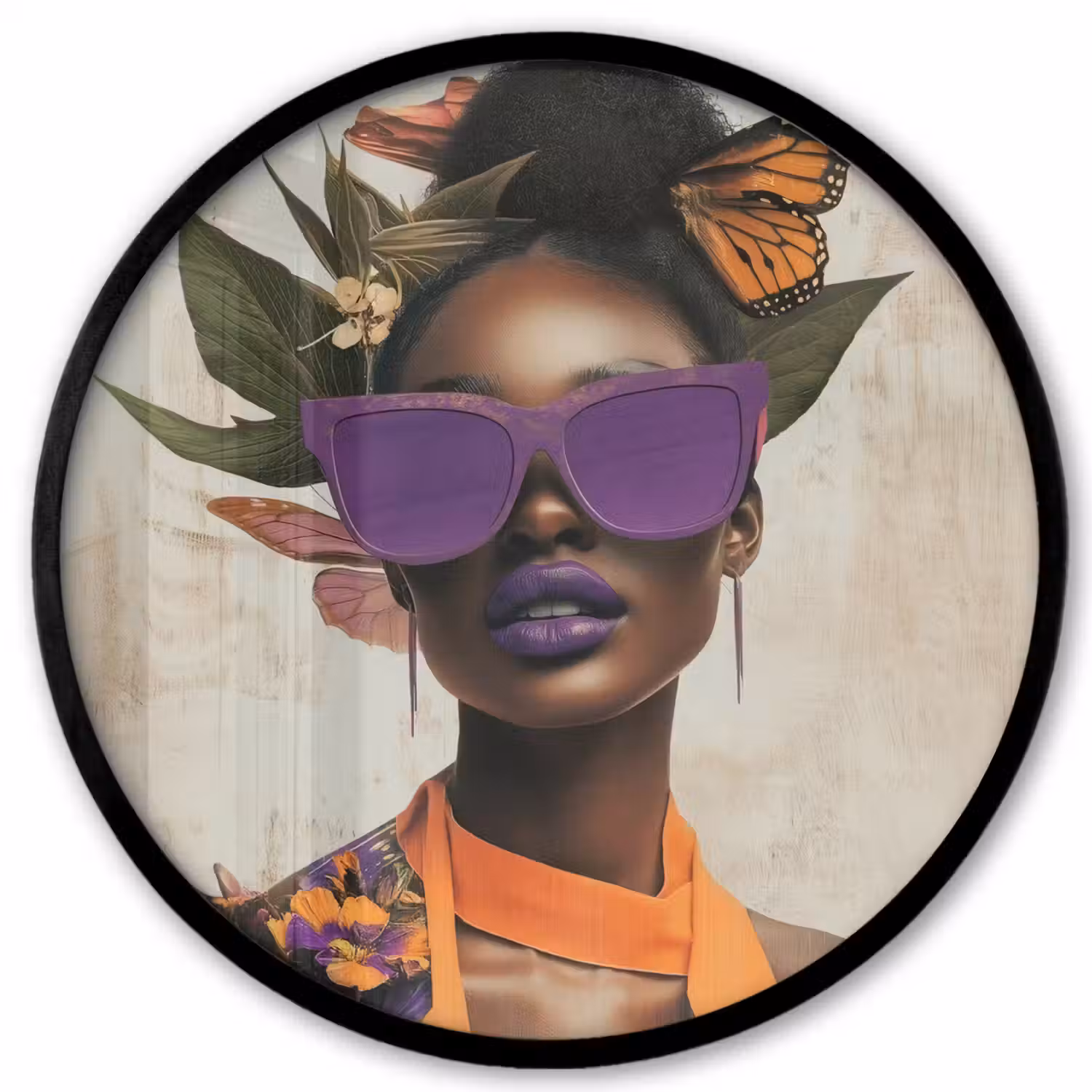 Vrouw - Zonnebril - Vlinder - Bloemen Fotolijst rond zonder passe partout klein -3d