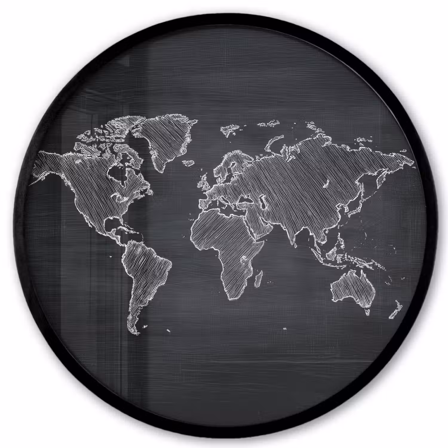 Wereldkaart - Krijt - Zwart - minimalistisch Fotolijst rond zonder passe partout klein -3d