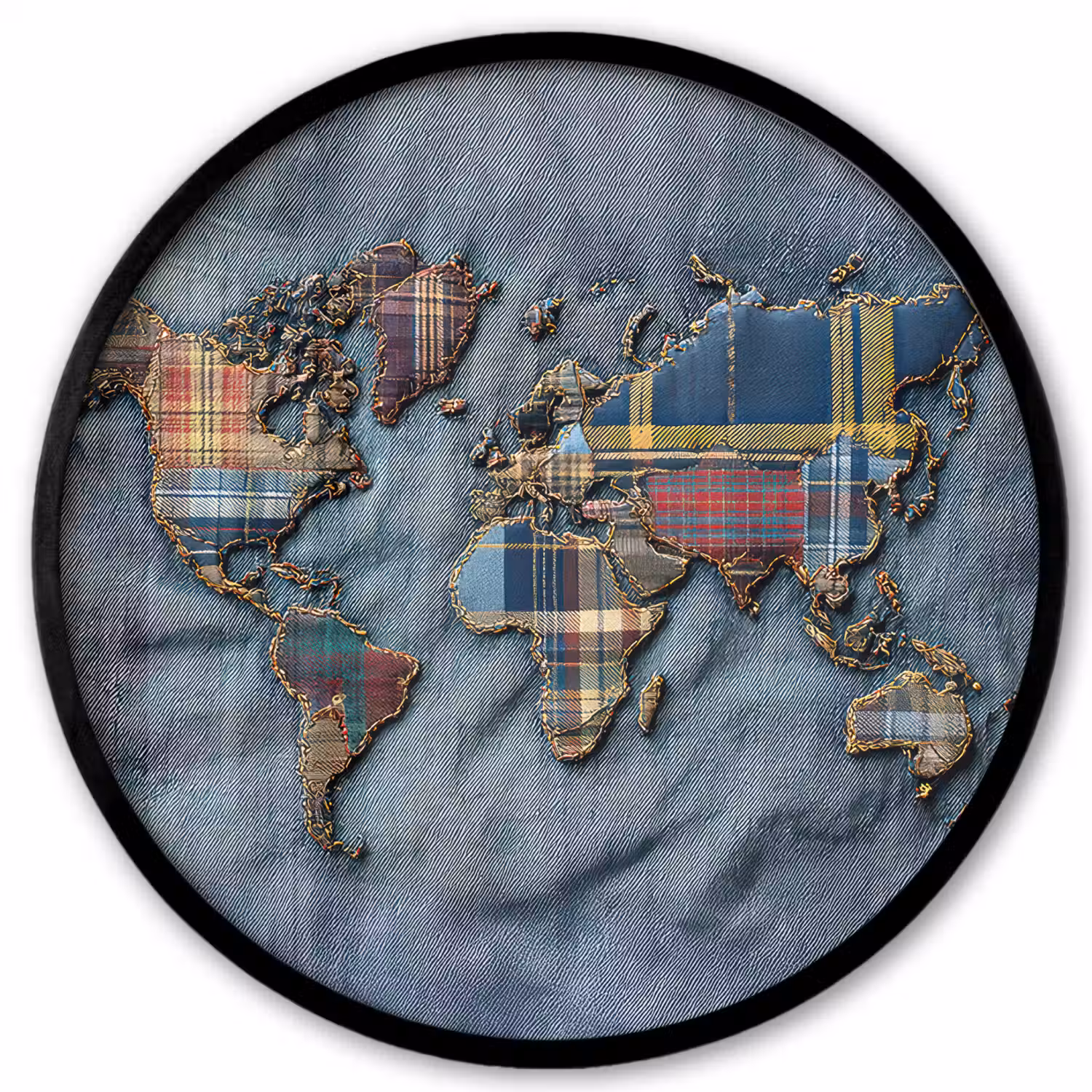 Wereldkaart - Denim - Textiel Fotolijst rond zonder passe partout klein -3d