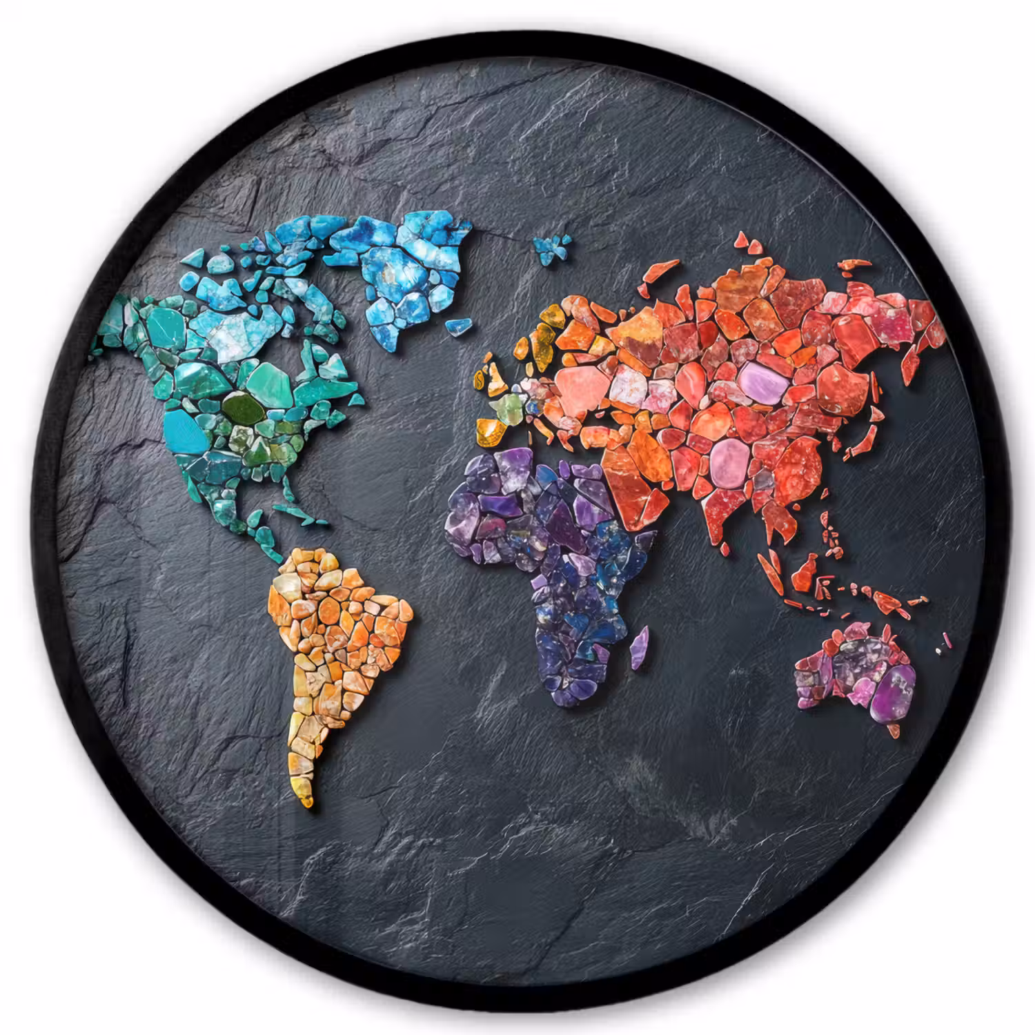 Wereldkaart - Edelstenen - Regenboog - Ruw Fotolijst rond zonder passe partout klein -3d