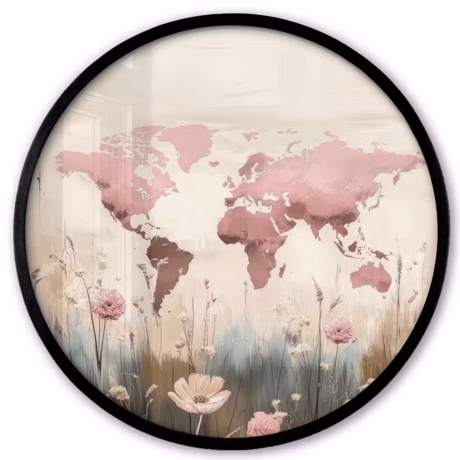 Wereldkaart - Roze - Bloemen Fotolijst rond zonder passe partout klein -3d