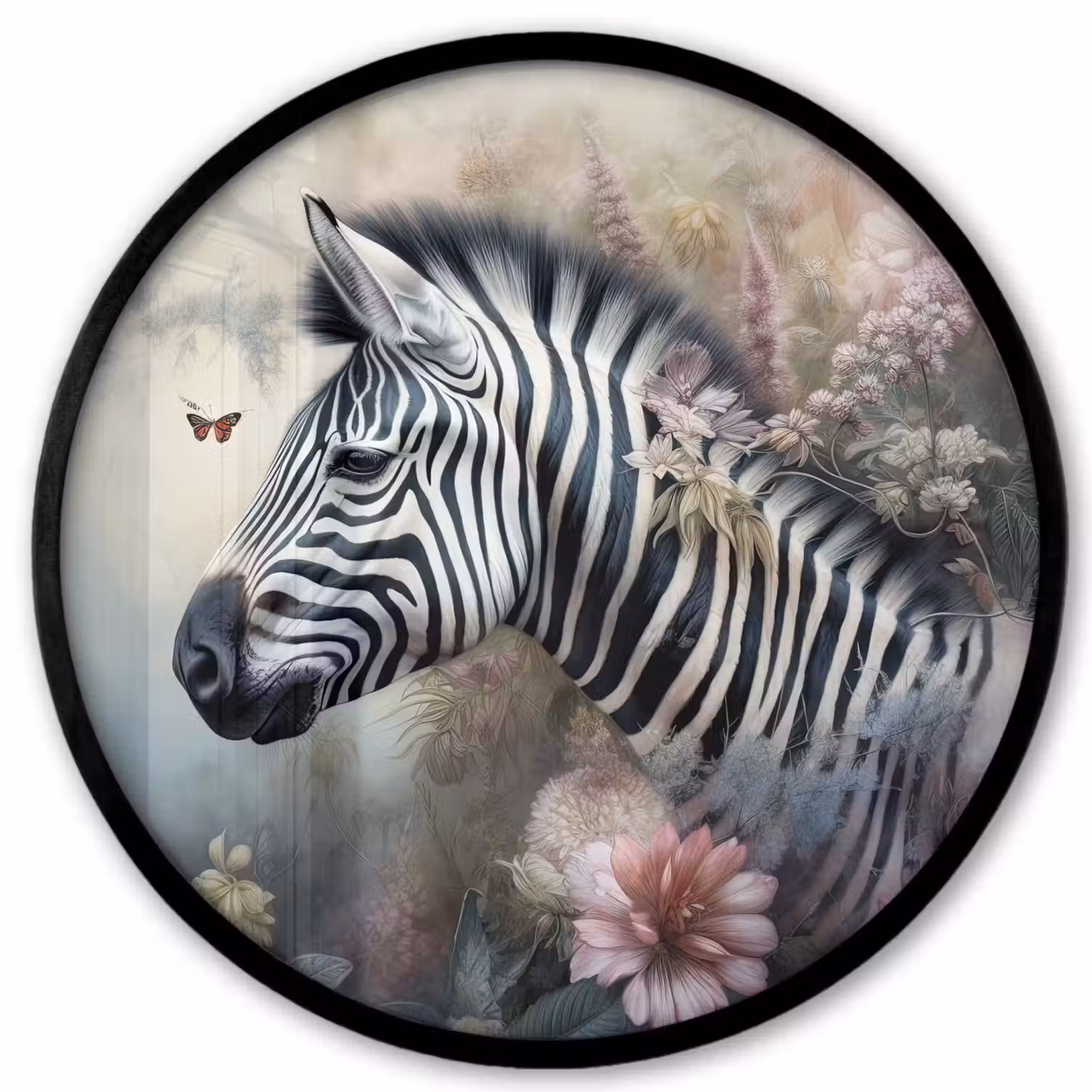 Zebra - Wilde dieren - Vlinder - Bloemen Fotolijst rond zonder passe partout klein -3d