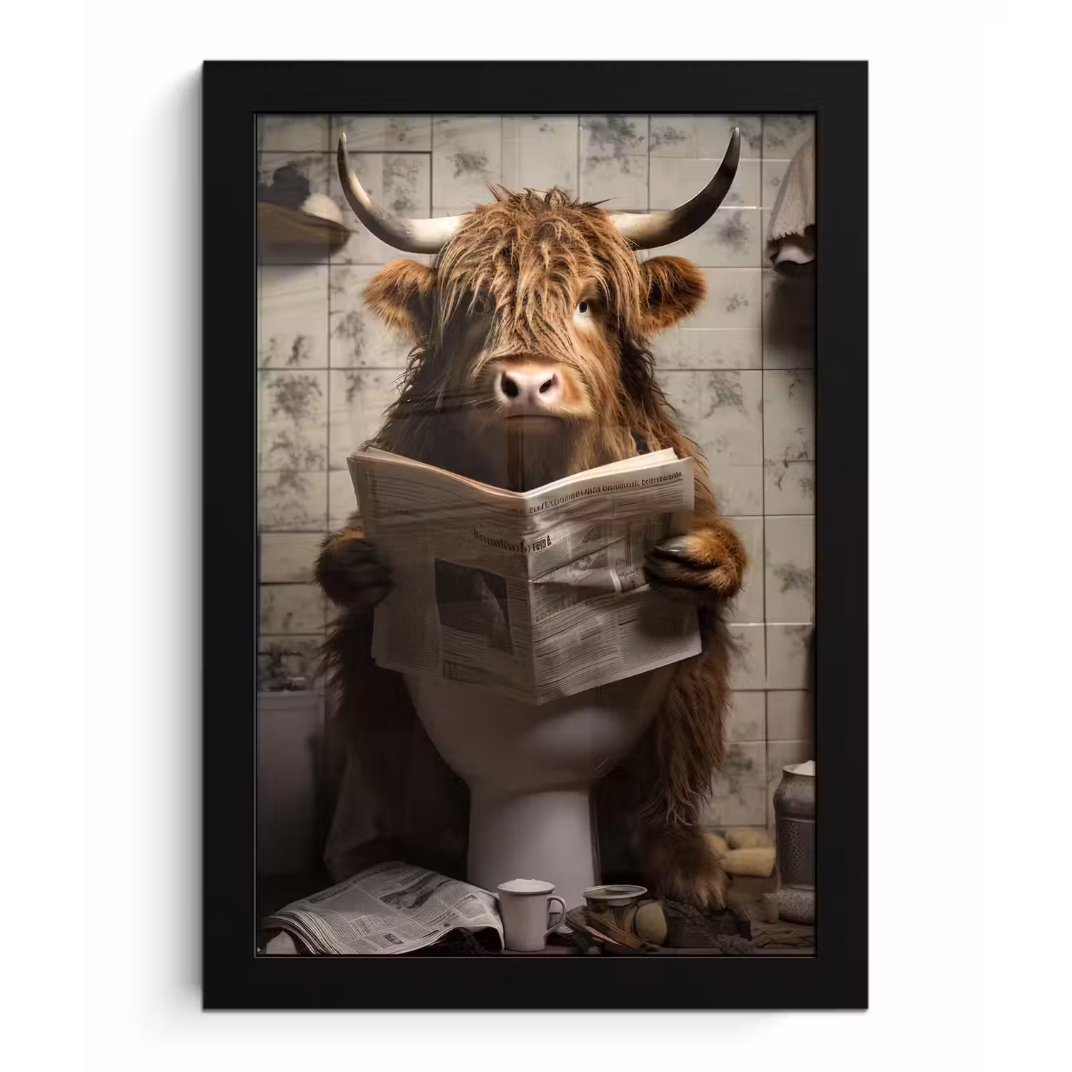 Schotse hooglander - Toilet - Krant - Badkamer fotolijst zwart zonder passe partout klein -3d
