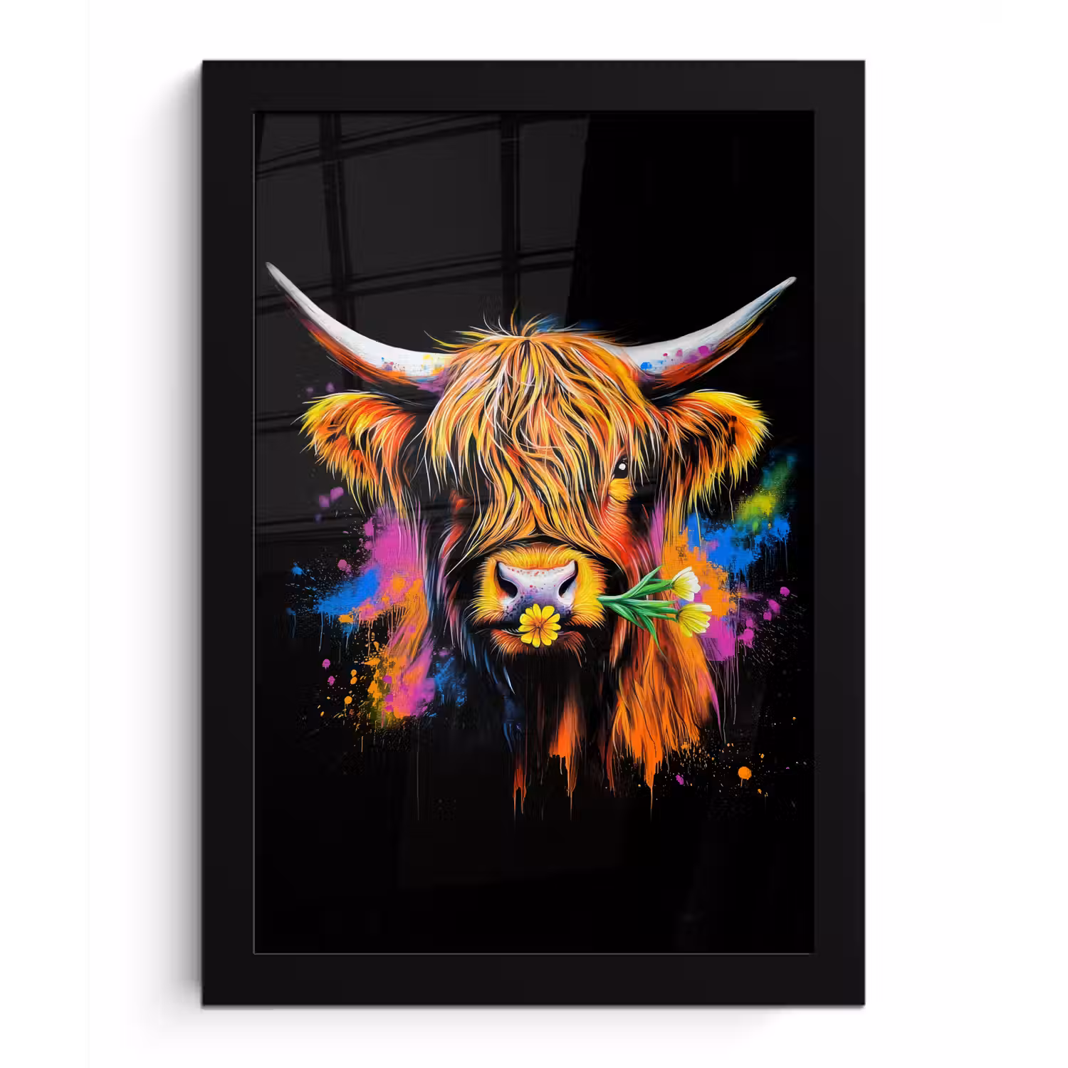 Schotse Hooglander - Graffiti - Kleurrijk - Bloem - Dieren fotolijst zwart zonder passe partout klein -3d