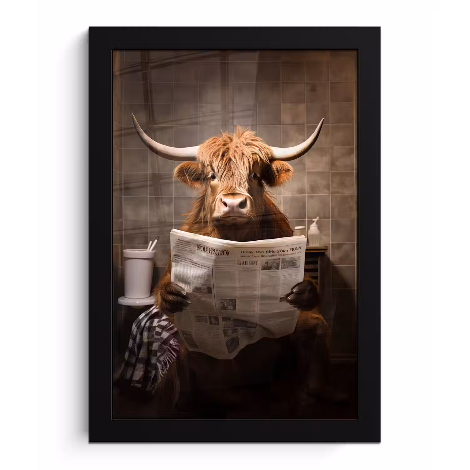 Schotse hooglander - Krant - Toilet fotolijst zwart zonder passe partout klein -3d