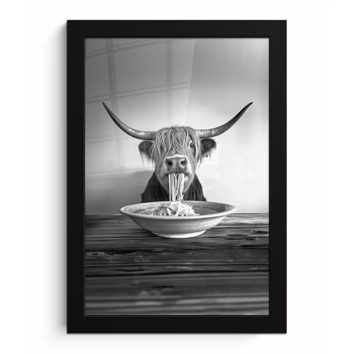 Schotse Hooglander - Spaghetti - Dieren - Zwart wit fotolijst zwart zonder passe partout klein -3d