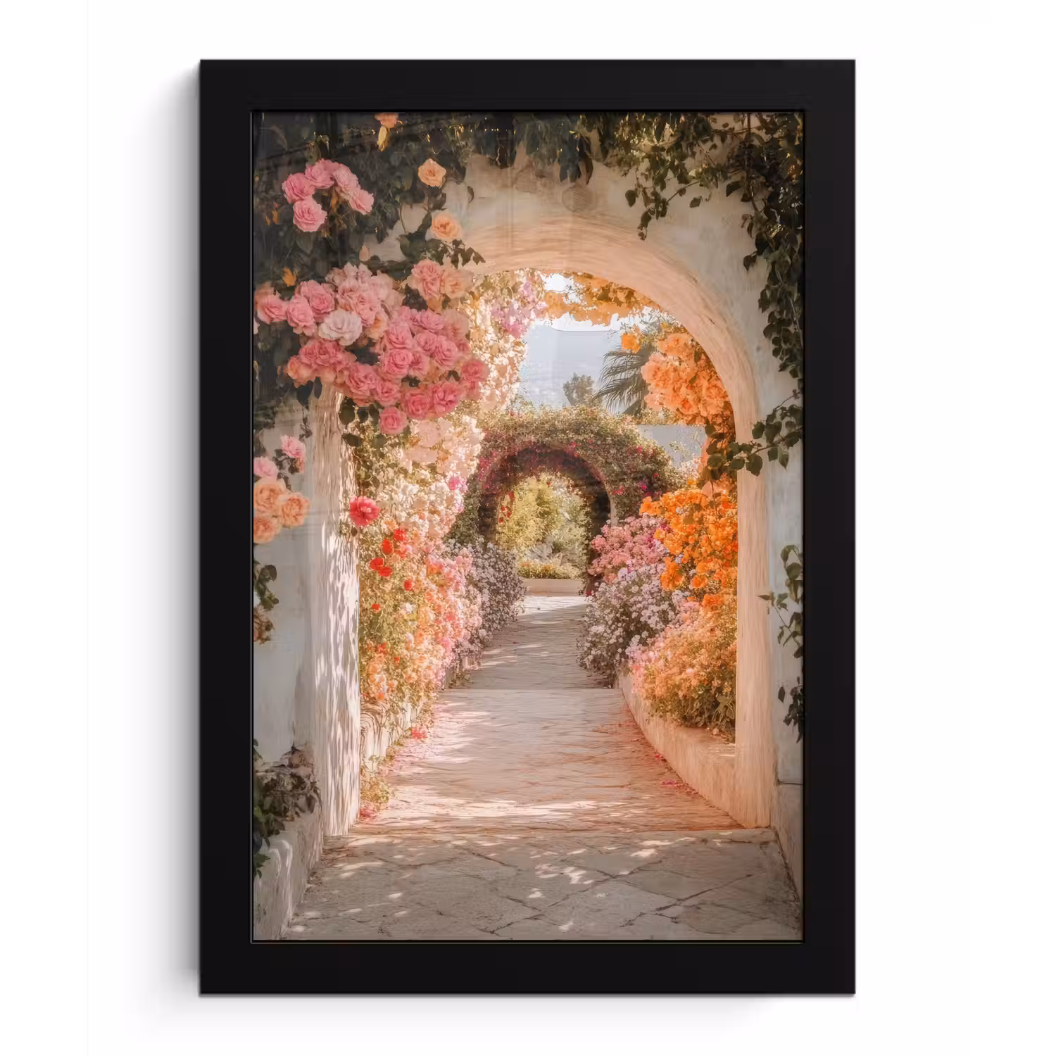 Doorkijk - Boog - Bloemen - Pastel fotolijst zwart zonder passe partout klein -3d