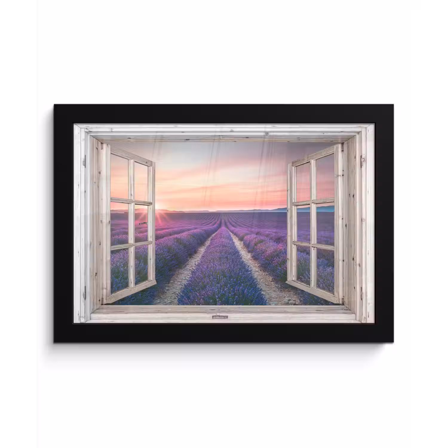 Doorkijk - Lavendel - Bloemen - Hout - Zonsondergang - Paars fotolijst zwart zonder passe partout klein -3d