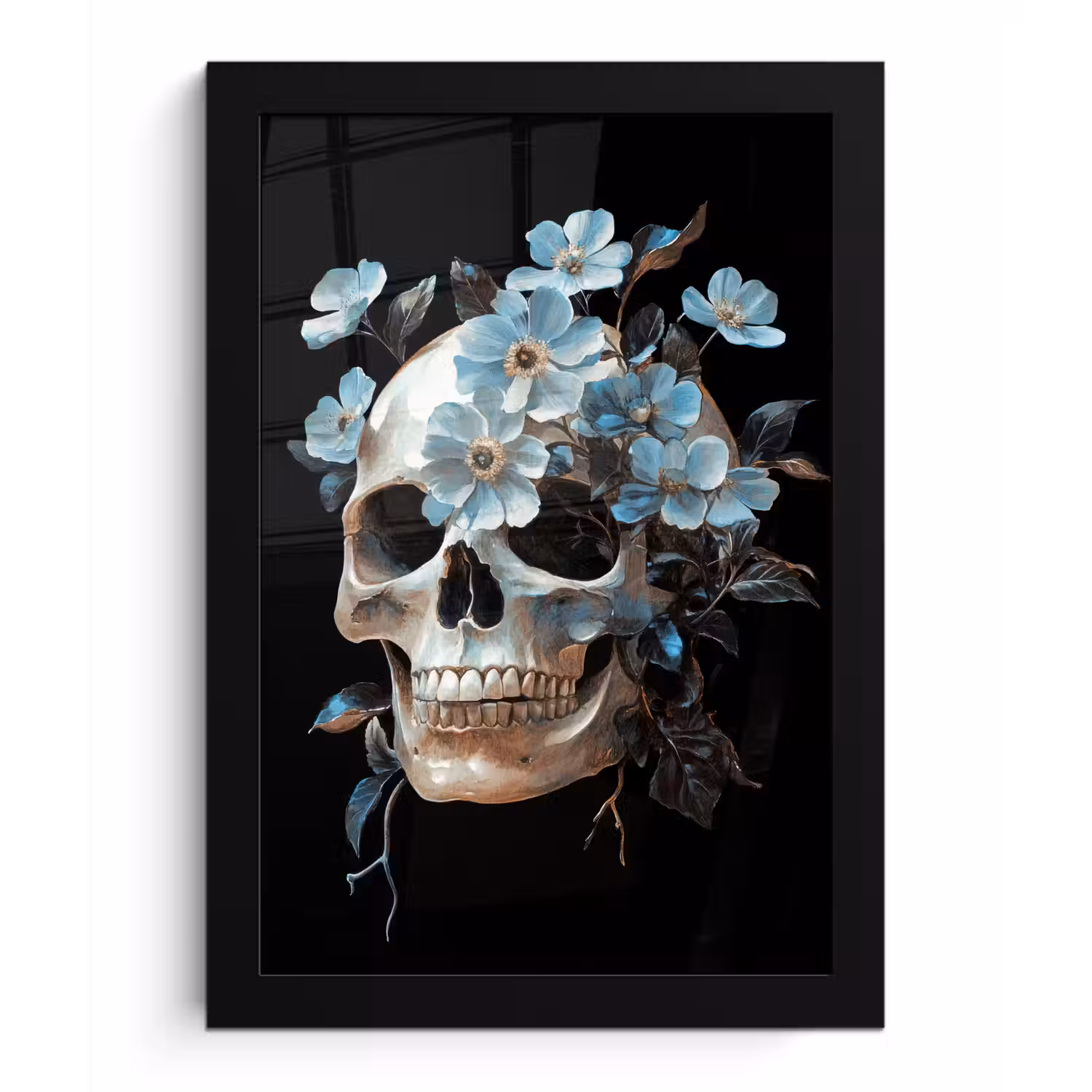 Schedel - Blauw - Bloemen - Bladeren fotolijst zwart zonder passe partout klein -3d