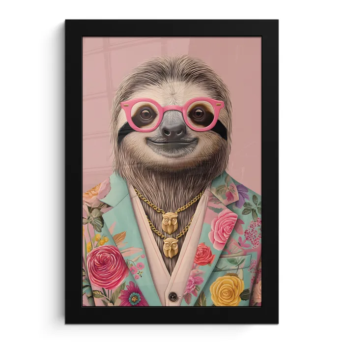 Luiaard - Bloemenprint - Bril - Roze fotolijst zwart zonder passe partout klein -3d