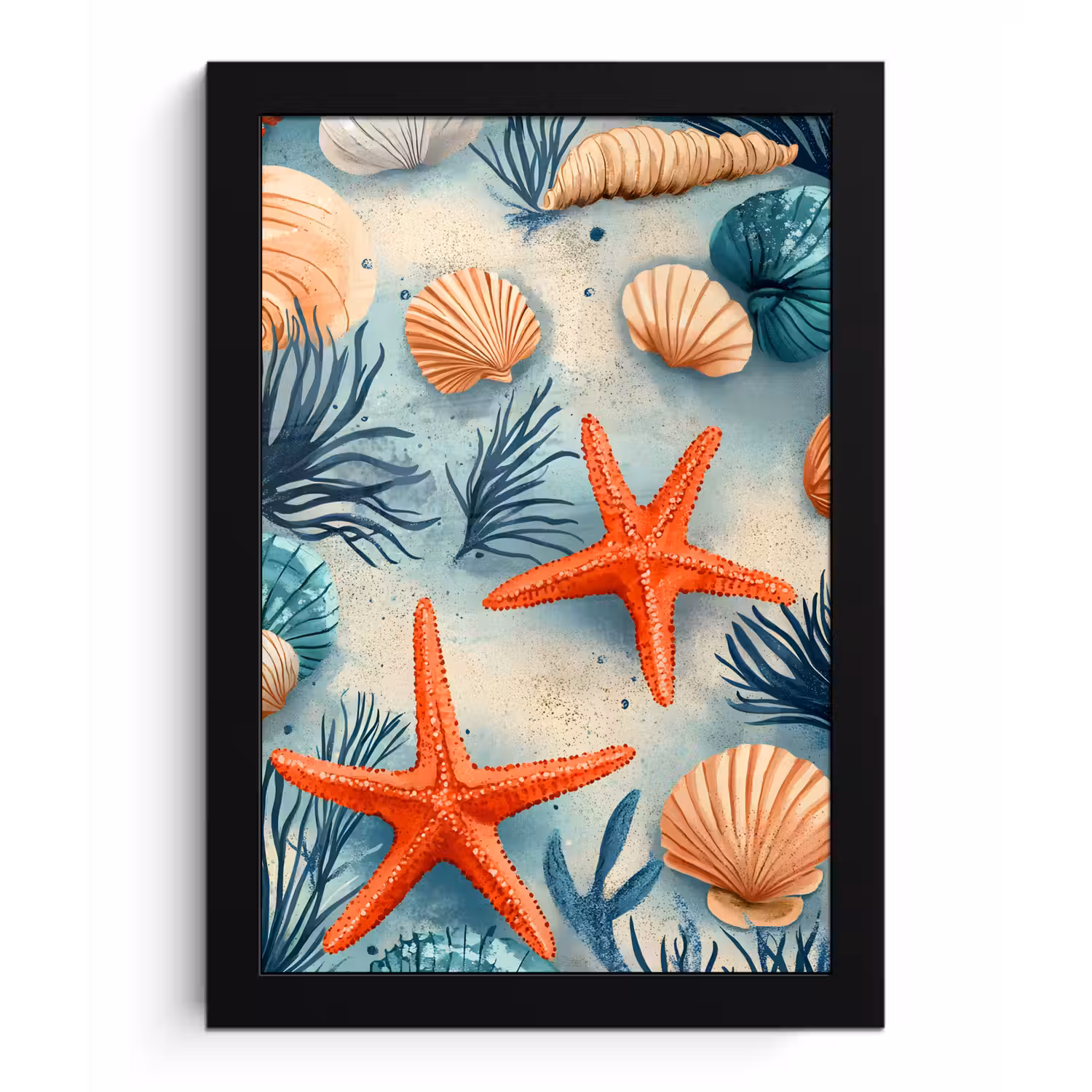Zeesterren - Schelpen - Illustratie - Zand fotolijst zwart zonder passe partout klein -3d