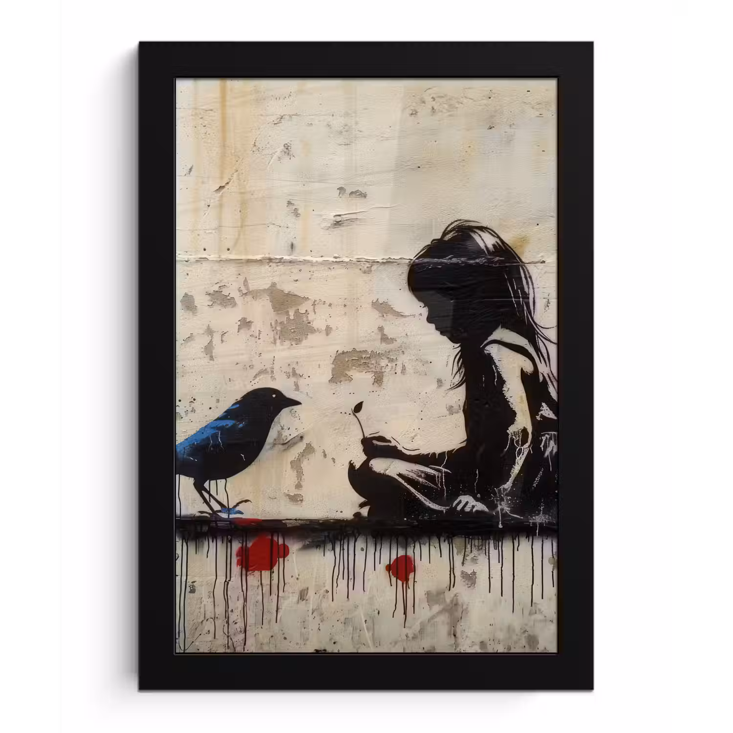 Street art - Meisje - Vogel - Graffiti - Banksy fotolijst zwart zonder passe partout klein -3d