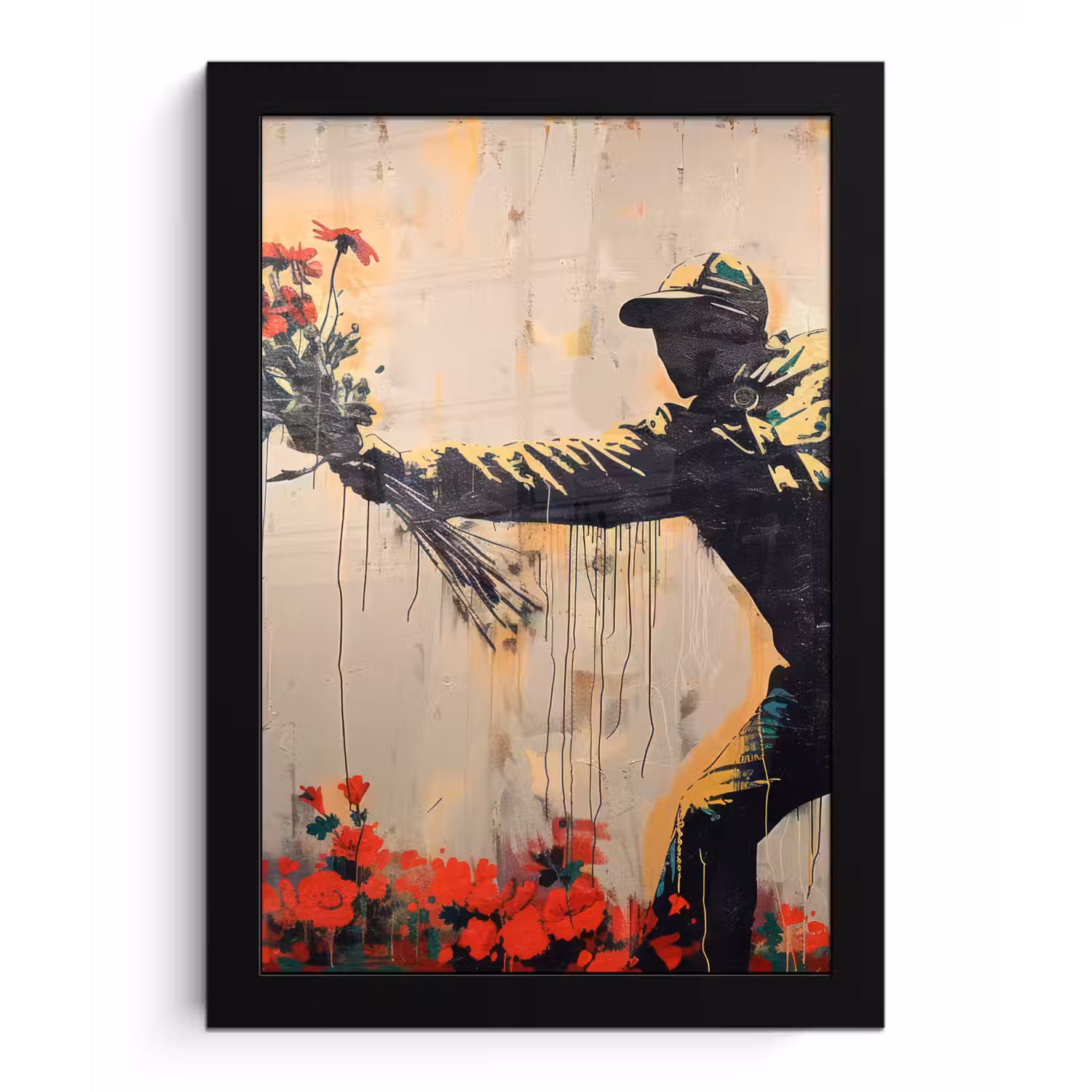 Street art - Man - Bloemen - Rood - Graffiti - Banksy fotolijst zwart zonder passe partout klein -3d