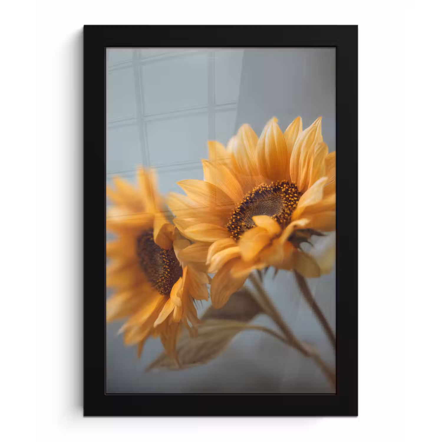Zonnebloemen - Geel - Wazig fotolijst zwart zonder passe partout klein -3d