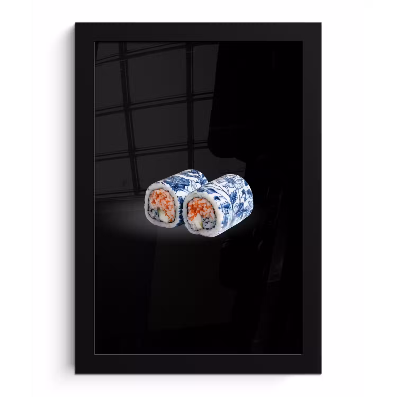 Sushi - Delfts blauw - Rijst - Vis - Elegant fotolijst zwart zonder passe partout klein -3d