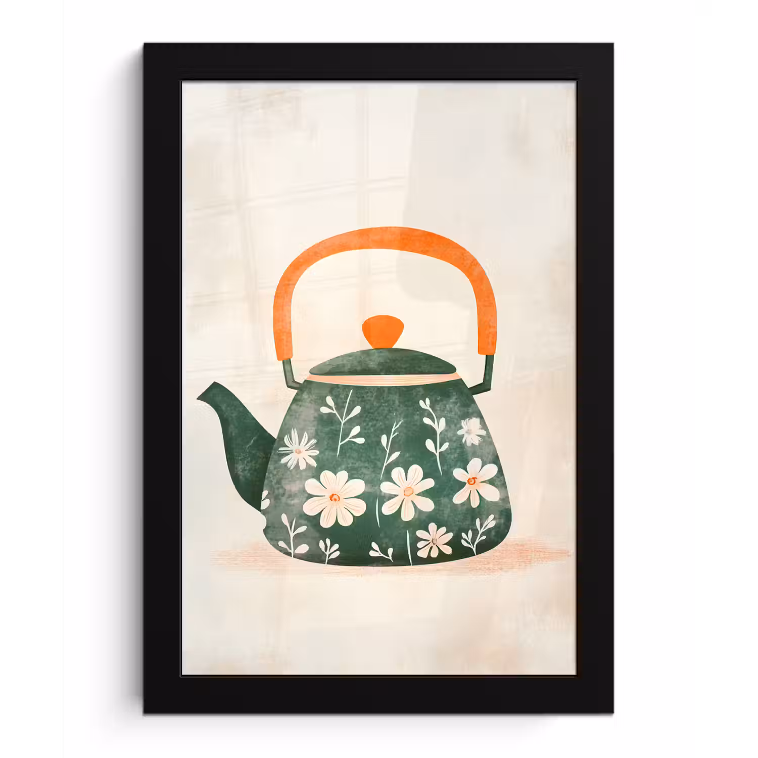 Theepot - Groen - Bloemen - Oranje fotolijst zwart zonder passe partout klein -3d