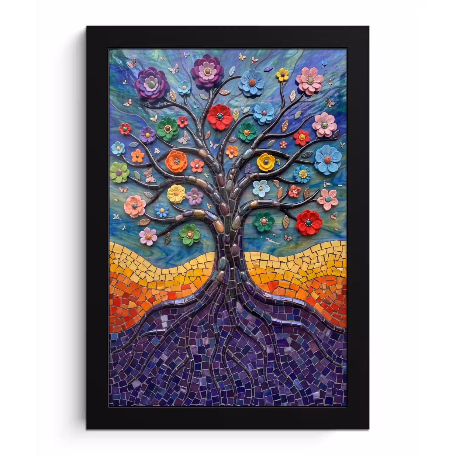 Levensboom - Mozaïek - Bloemen - Kleurrijk - Vrolijk fotolijst zwart zonder passe partout klein -3d