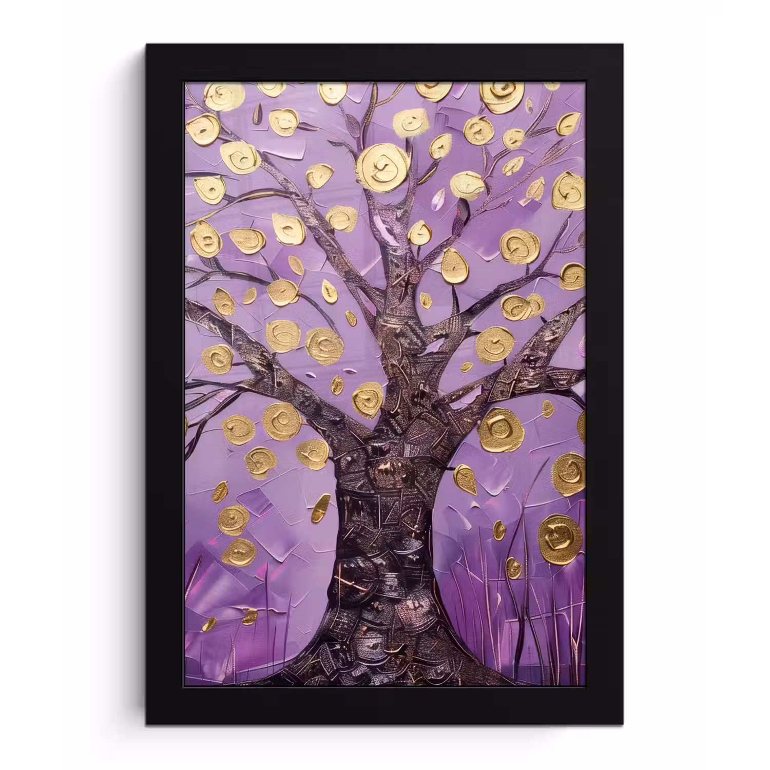 Levensboom - Boom - Paars - Goud - Modern fotolijst zwart zonder passe partout klein -3d