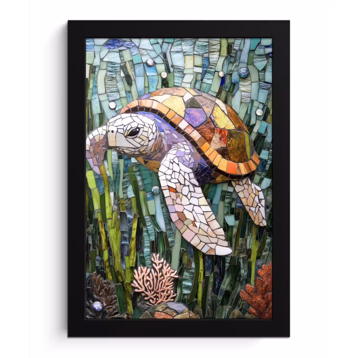 Schildpad - Zeewier - Mozaïek fotolijst zwart zonder passe partout klein -3d