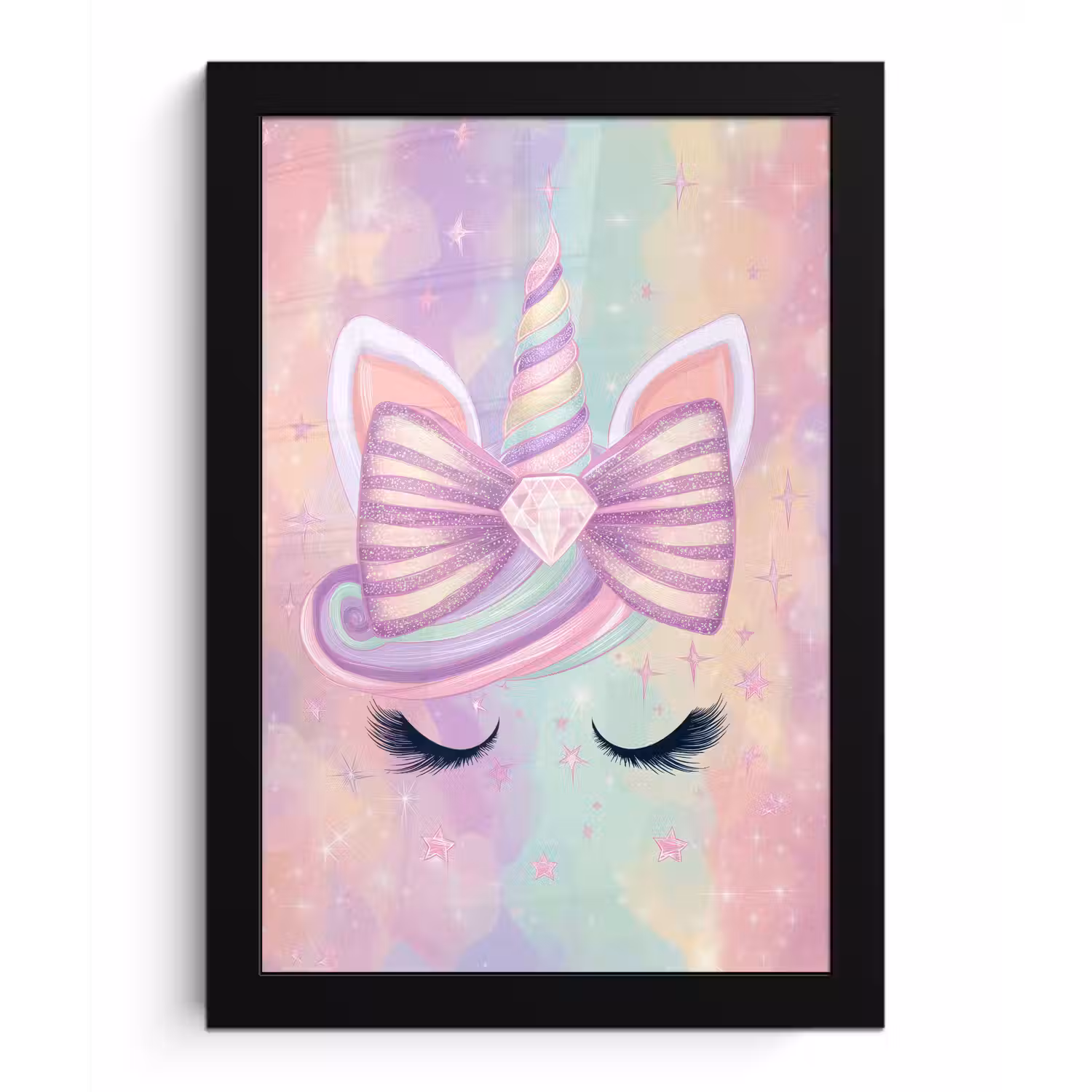 Eenhoorn - Glitters - Regenboog - Pastel fotolijst zwart zonder passe partout klein -3d