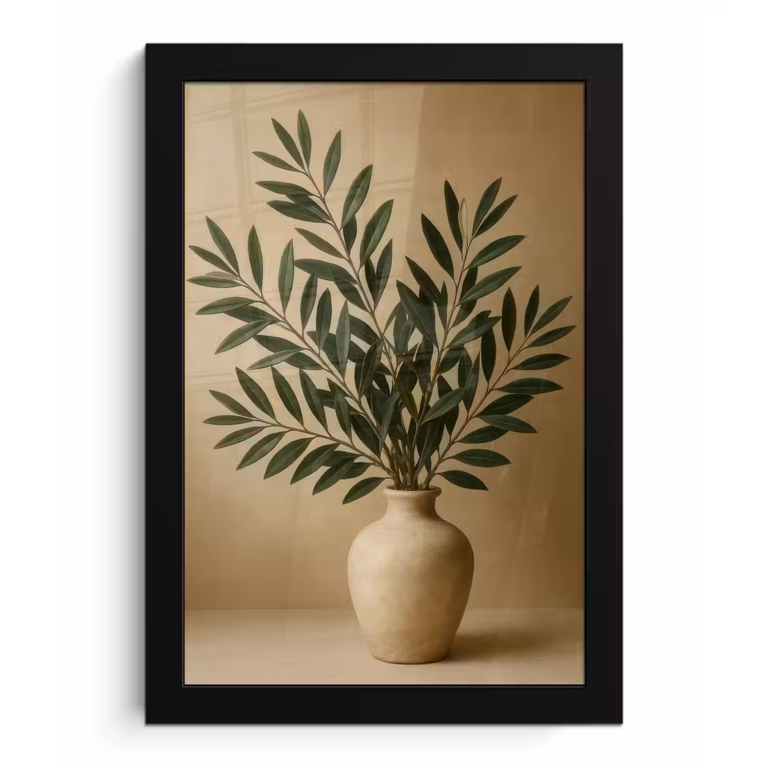 Vaas - Olijftakken - Bladeren - Beige fotolijst zwart zonder passe partout klein -3d