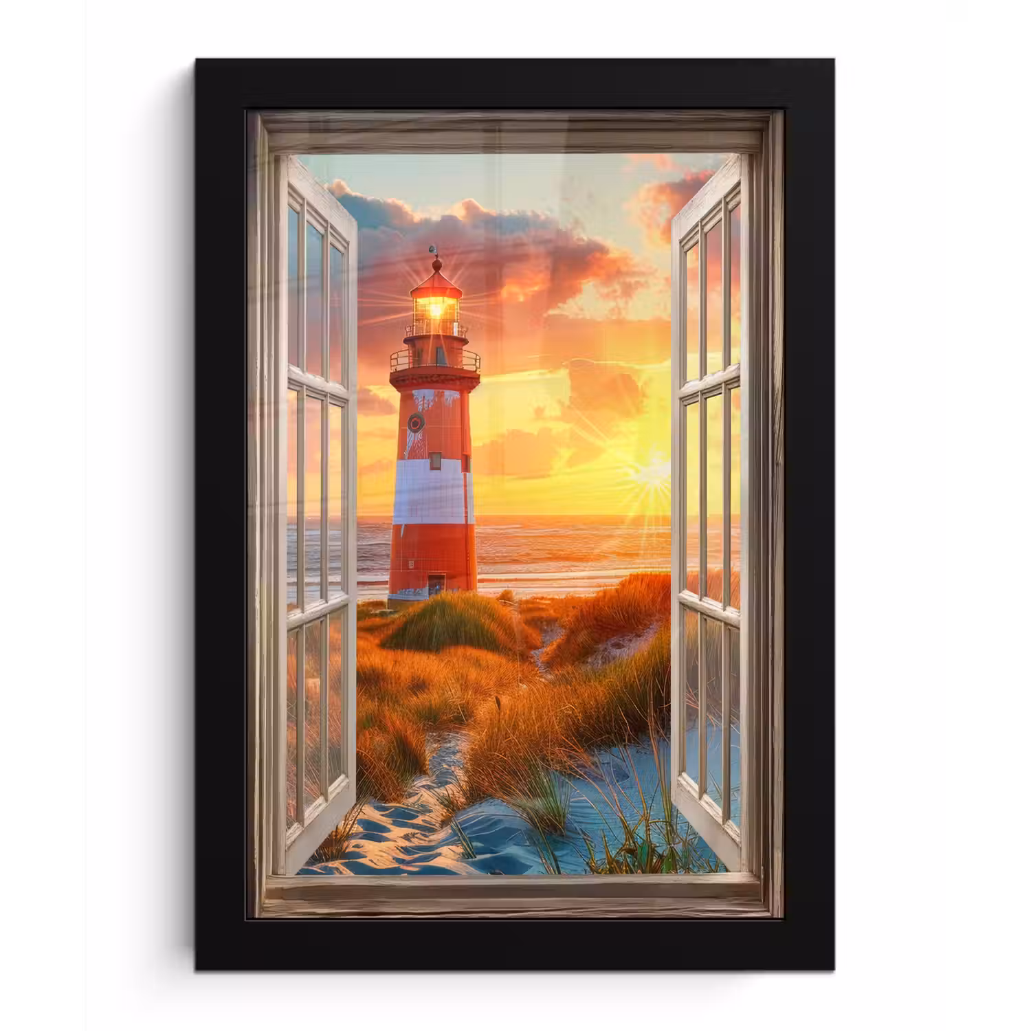 Doorkijk - Raam - Vuurtoren - Zonsondergang - Strand fotolijst zwart zonder passe partout klein -3d