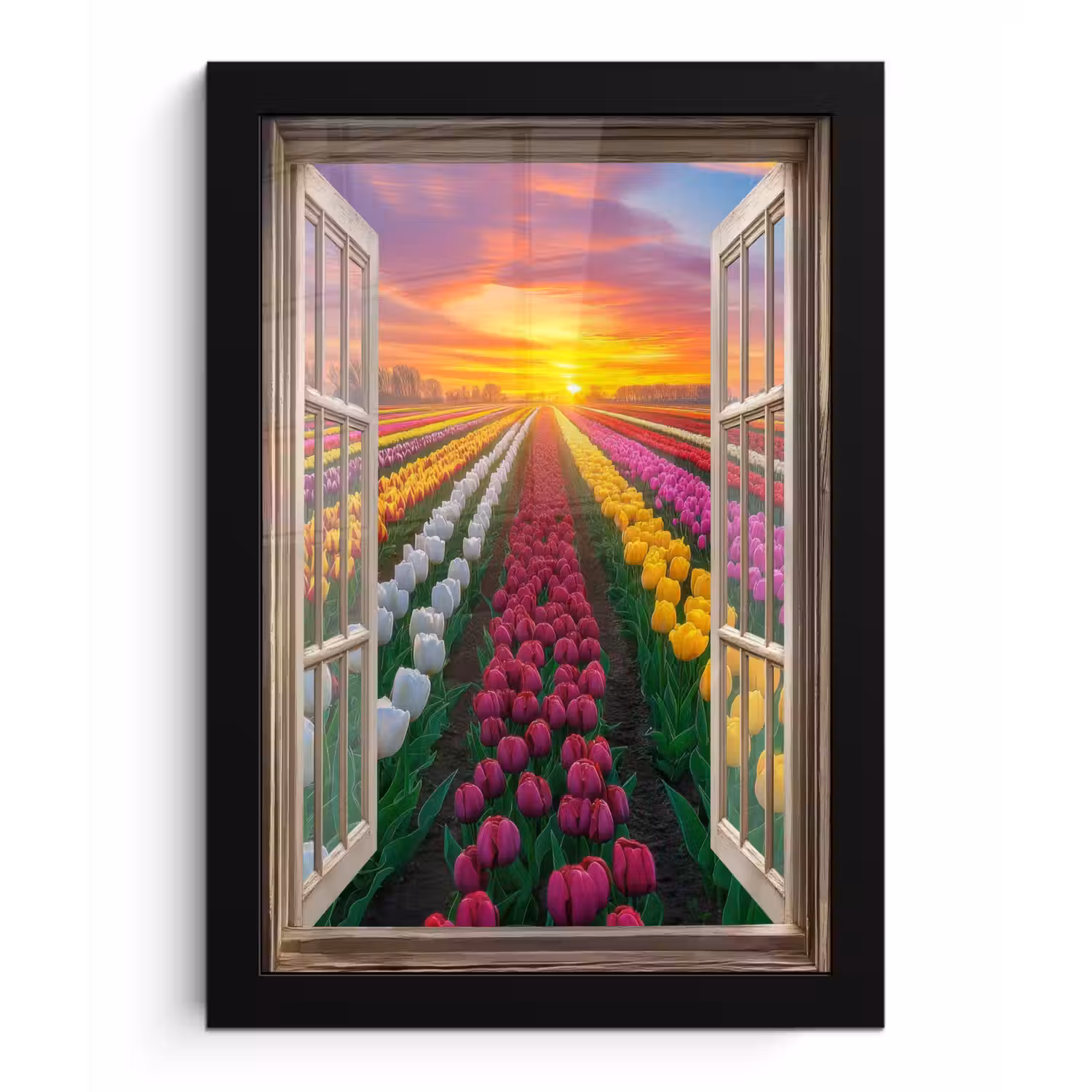 Doorkijk - Bloemen - Tulpen - Kleurrijk - Zonsondergang fotolijst zwart zonder passe partout klein -3d
