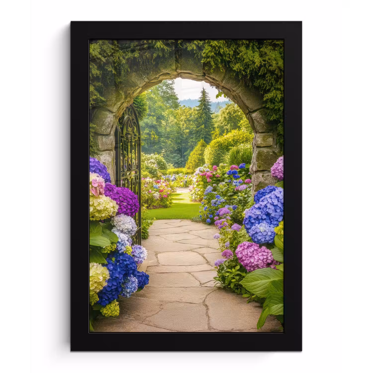 Doorkijk - Poort - Hortensia - Bloementuin fotolijst zwart zonder passe partout klein -3d
