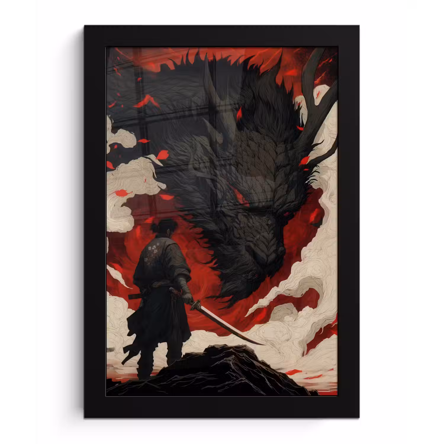 Krijger - Draak - Zwart - Rood - Rook fotolijst zwart zonder passe partout klein -3d