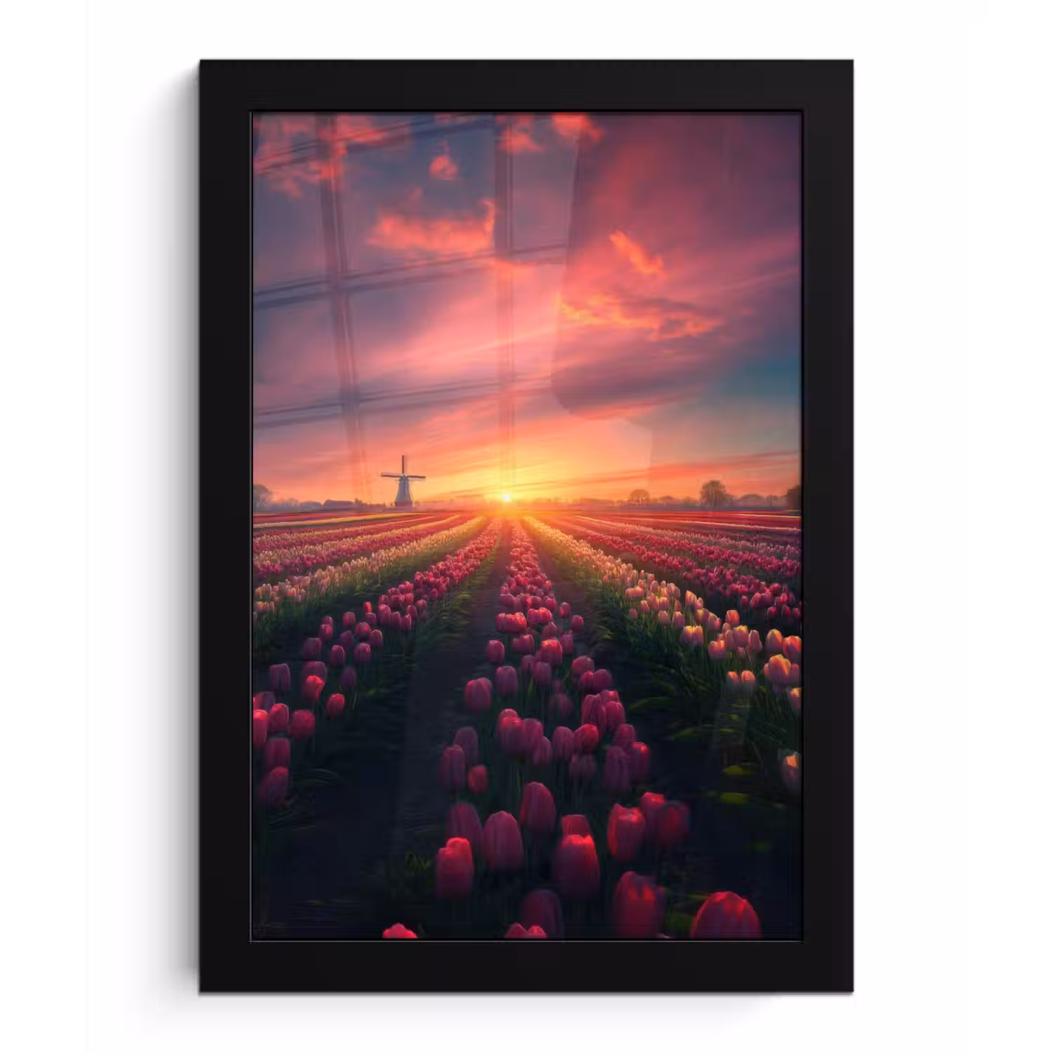 Windmolen - Zonsondergang - Landschap fotolijst zwart zonder passe partout klein -3d