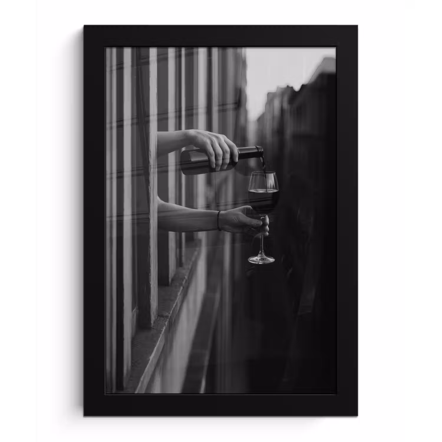 Wijnfles - Glas - Handen - Raam fotolijst zwart zonder passe partout klein -3d