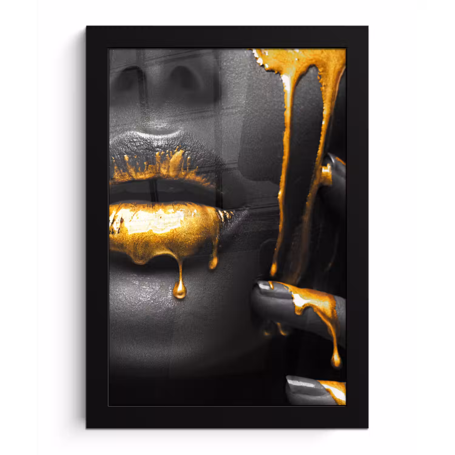Vrouw - Zwart - Goud - Gezicht - Lippen fotolijst zwart zonder passe partout klein -3d