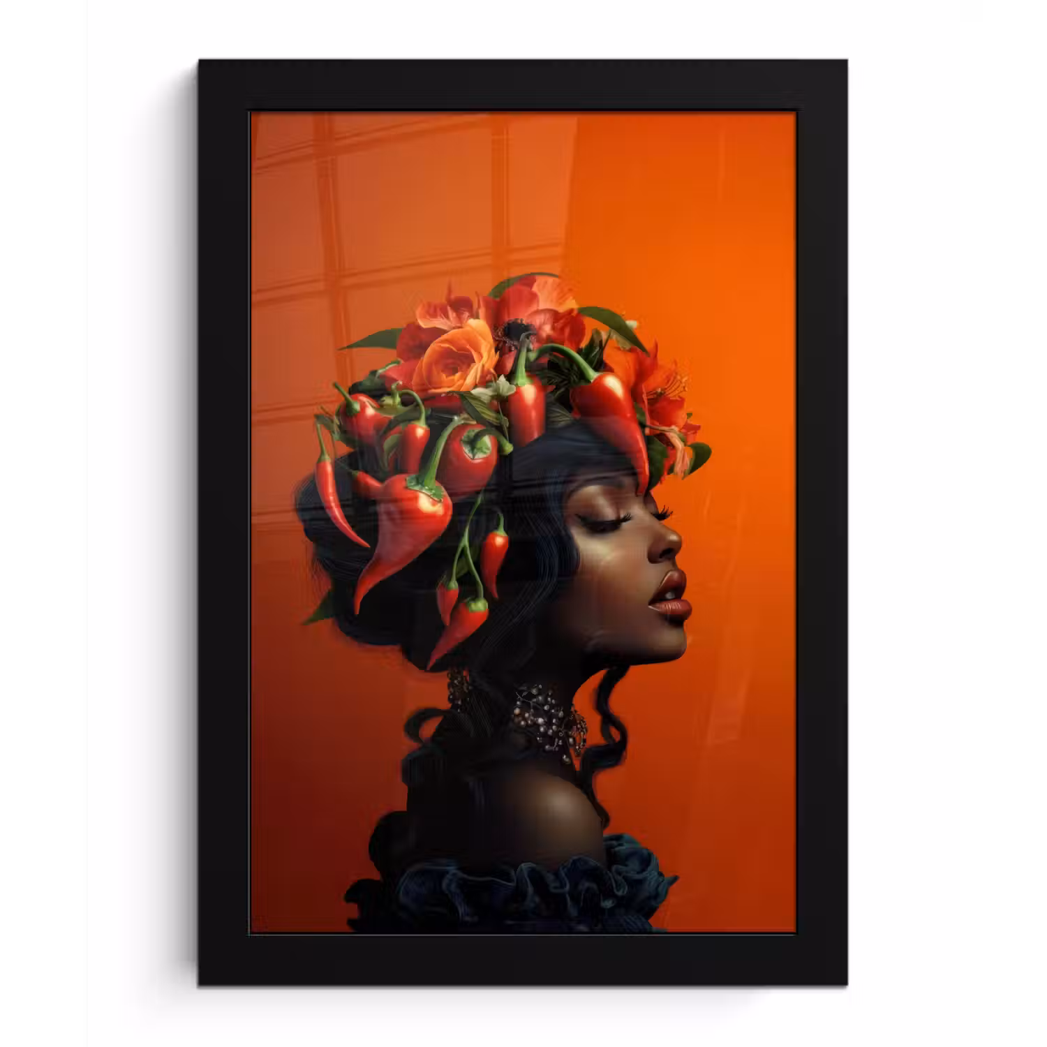 Vrouw - Chilipepers - Pepers - Bloemen fotolijst zwart zonder passe partout klein -3d