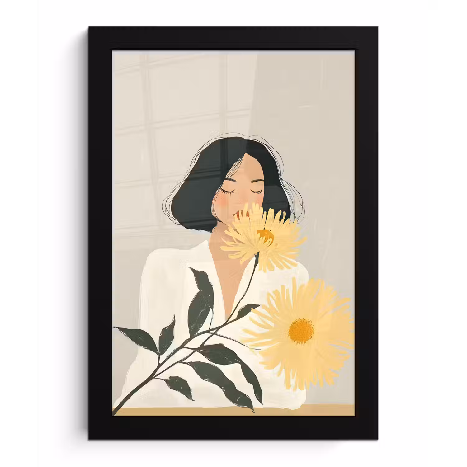 Vrouw - Bloem - Geel - Minimalistisch fotolijst zwart zonder passe partout klein -3d