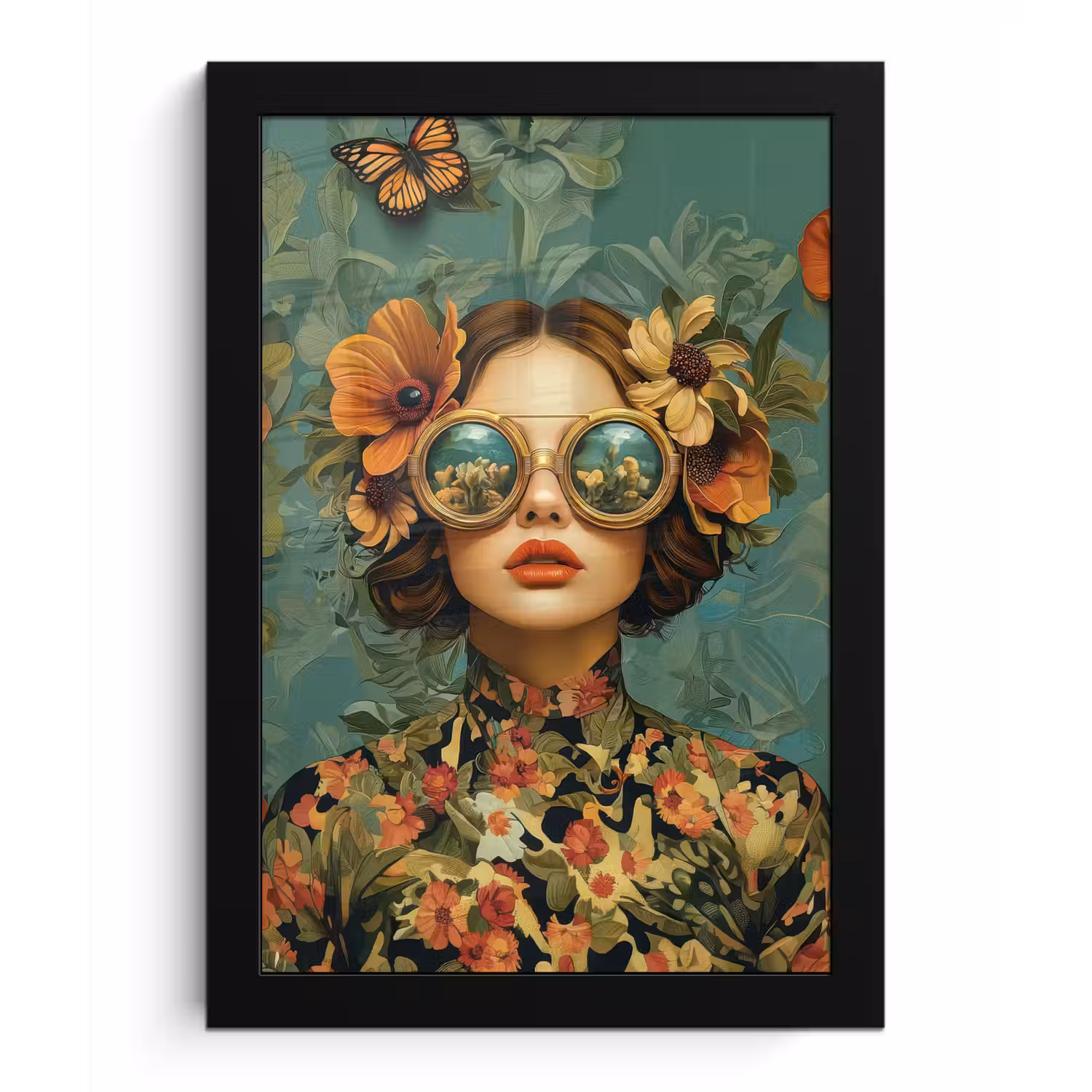 Vrouw - Bloemen - Vlinders - Natuur - Vintage fotolijst zwart zonder passe partout klein -3d