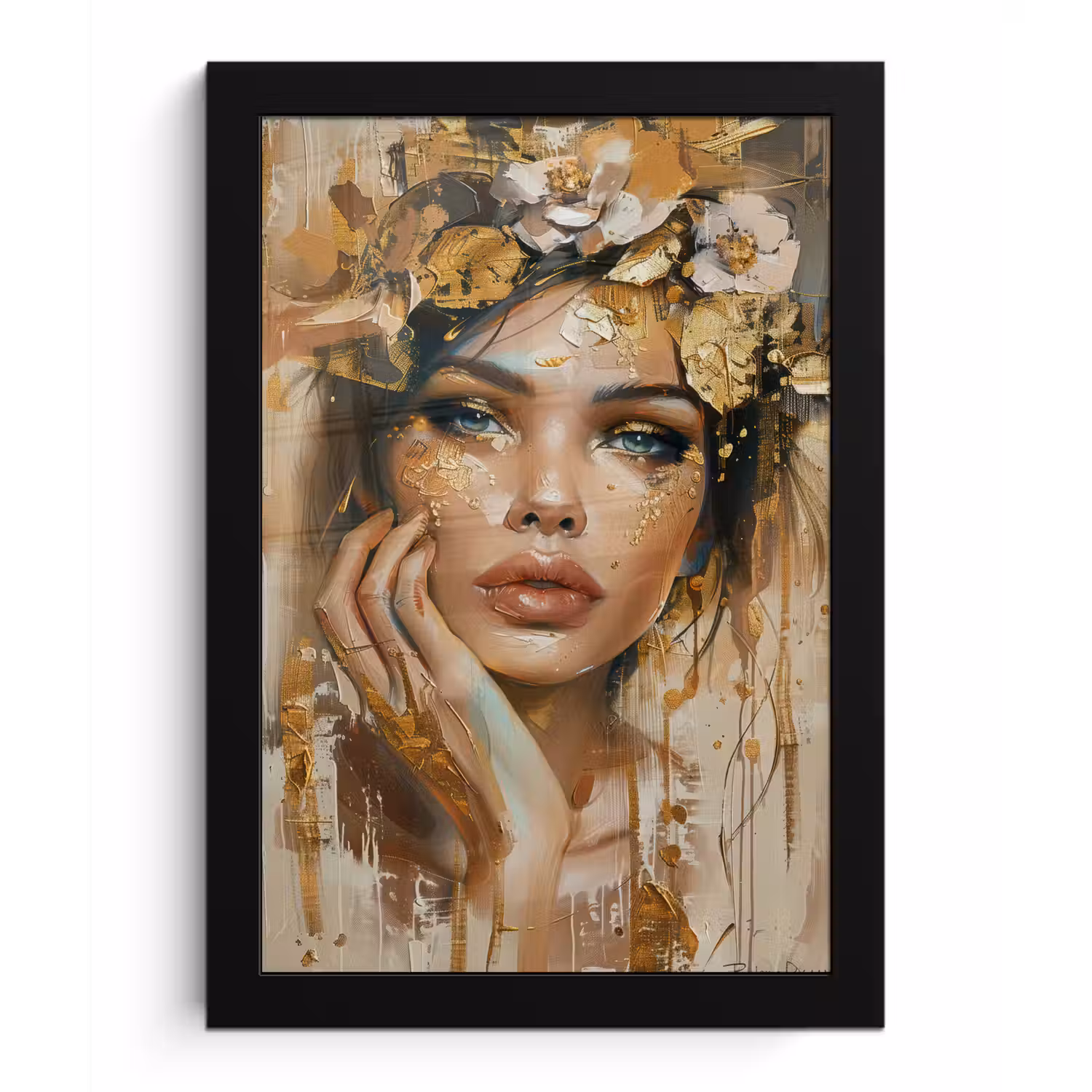 Vrouw - Bloemen - Goud - Portret fotolijst zwart zonder passe partout klein -3d