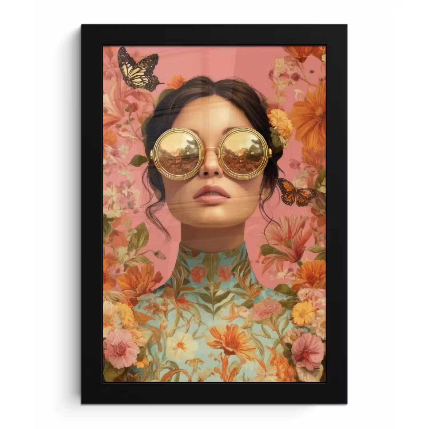 Vrouw - Bril - Roze - Bloemen fotolijst zwart zonder passe partout klein -3d
