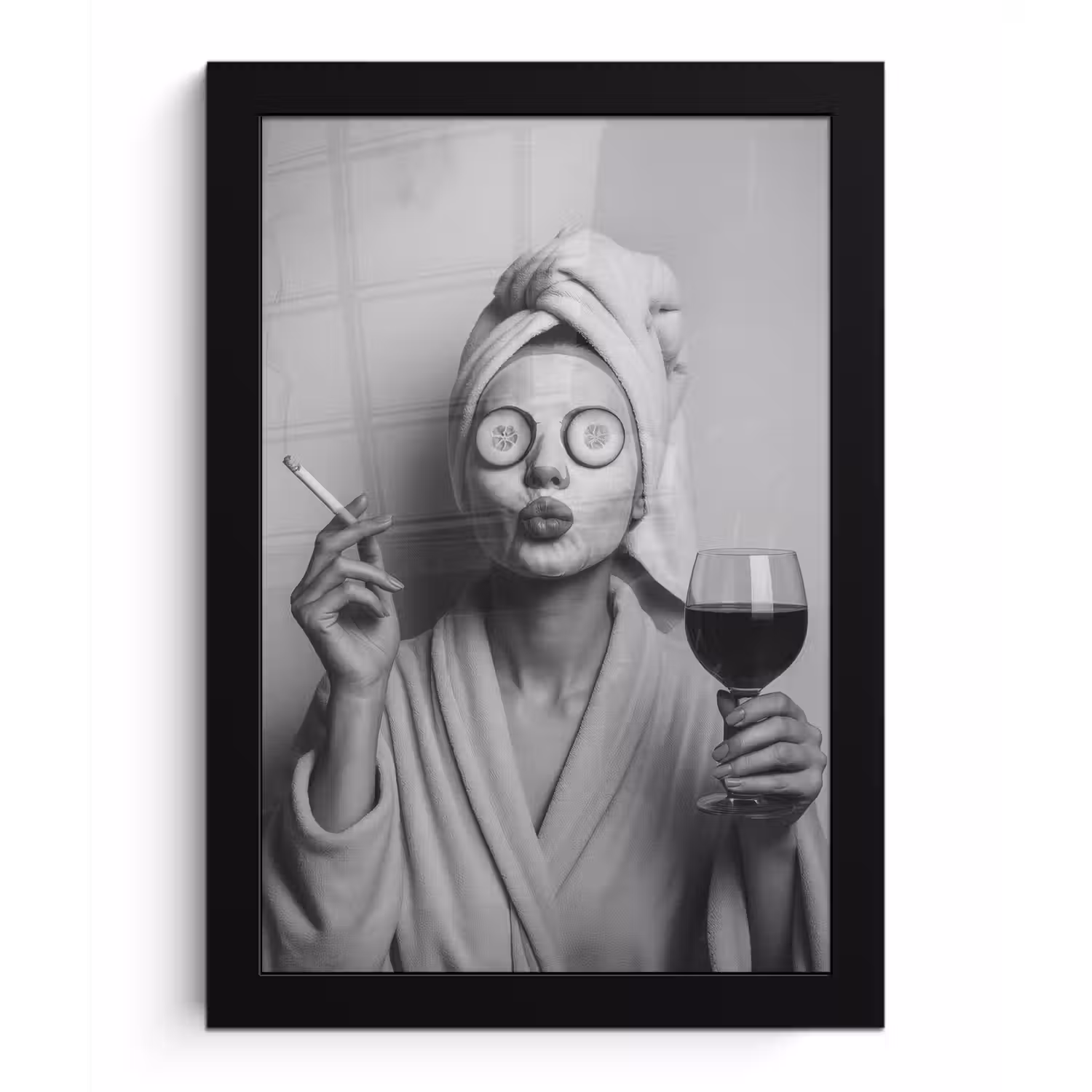 Vrouw - Masker - Wijn - Sigaret fotolijst zwart zonder passe partout klein -3d