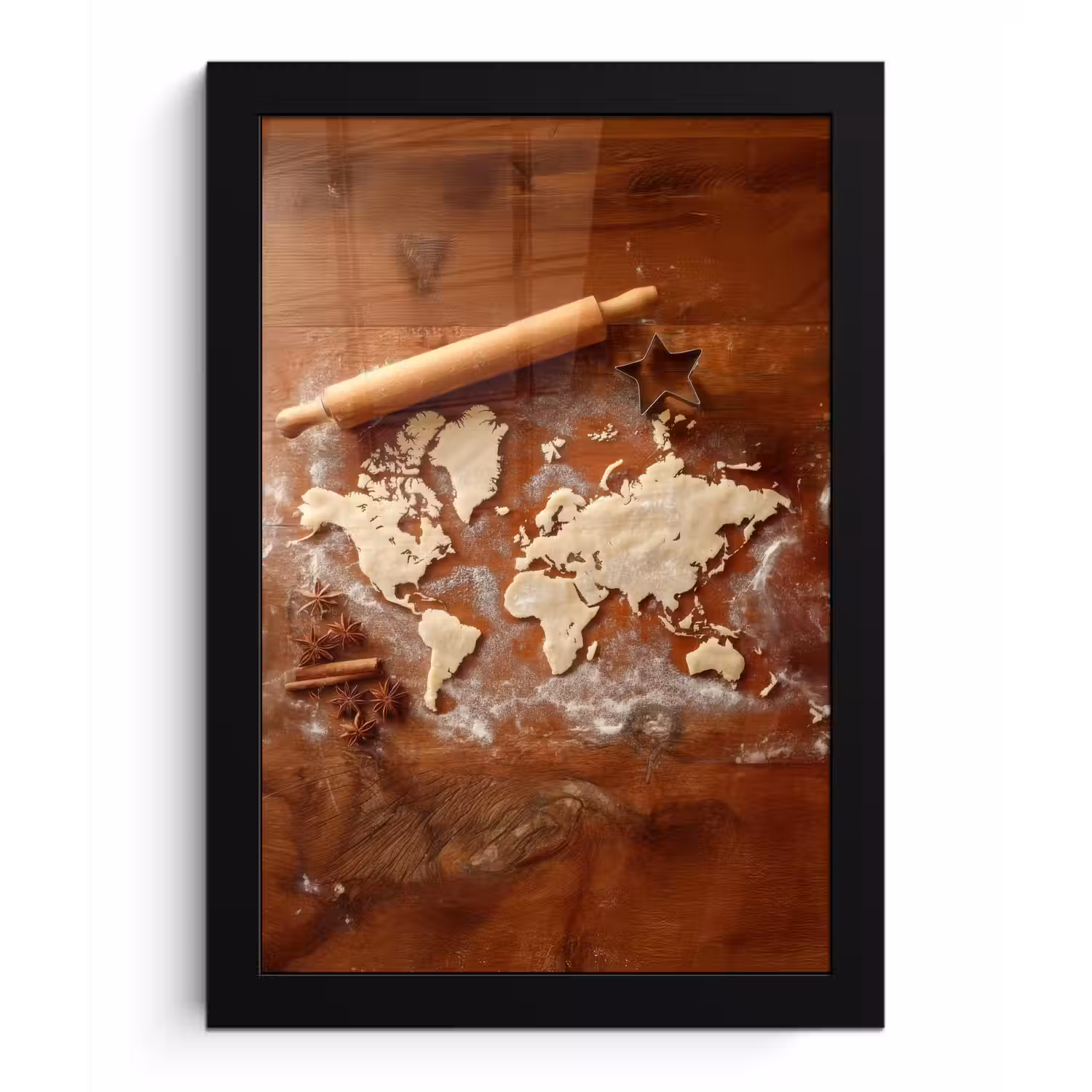 Wereldkaart - Koekjesdeeg - Warme baksfeer fotolijst zwart zonder passe partout klein -3d